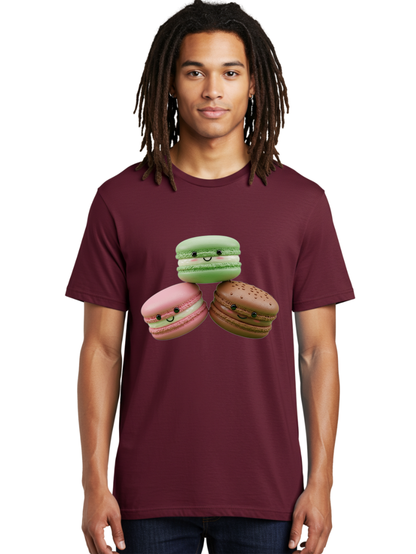 Happy-Macarons Men'S Graphic Tee, 100% Cotton, Comfortable Casual Summer Wear, Machine Washable, Cartoon Macarons, Smiling Faces, Pastel Colors, Cute Desserts, Sweet Treats, Dessert Art, French Macarons, Chocolate Macaron, Pink Macaron, Baa784