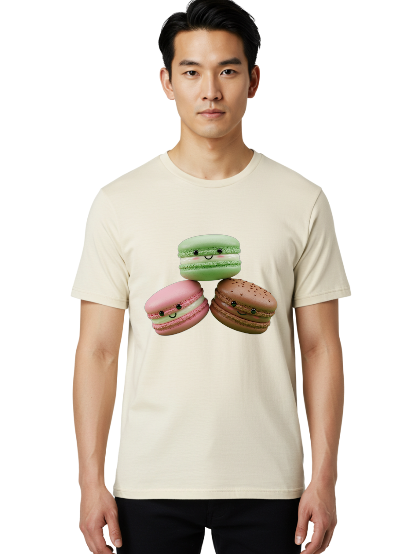 Happy-Macarons Men'S Graphic Tee, 100% Cotton, Comfortable Casual Summer Wear, Machine Washable, Cartoon Macarons, Smiling Faces, Pastel Colors, Cute Desserts, Sweet Treats, Dessert Art, French Macarons, Chocolate Macaron, Pink Macaron, Baa784