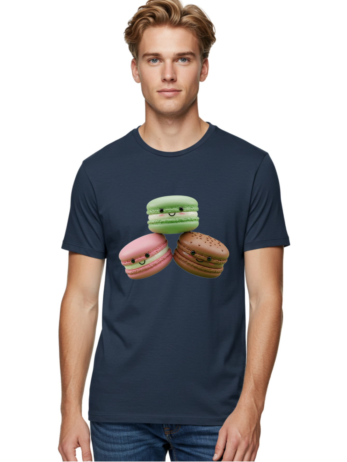 Happy-Macarons Men'S Graphic Tee, 100% Cotton, Comfortable Casual Summer Wear, Machine Washable, Cartoon Macarons, Smiling Faces, Pastel Colors, Cute Desserts, Sweet Treats, Dessert Art, French Macarons, Chocolate Macaron, Pink Macaron, Baa784