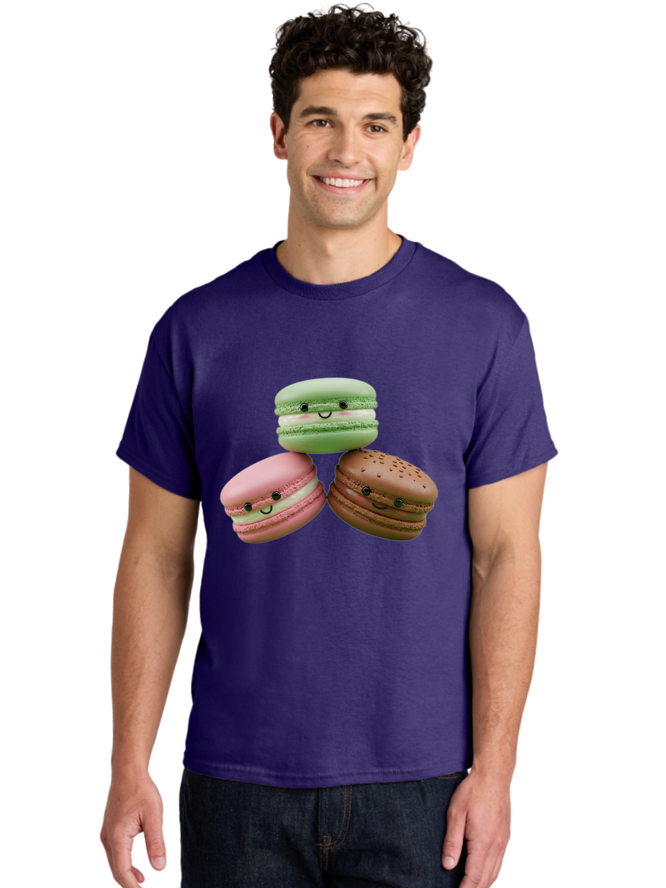 Happy-Macarons Men'S Graphic Tee, 100% Cotton, Comfortable Casual Summer Wear, Machine Washable, Cartoon Macarons, Smiling Faces, Pastel Colors, Cute Desserts, Sweet Treats, Dessert Art, French Macarons, Chocolate Macaron, Pink Macaron, Baa784