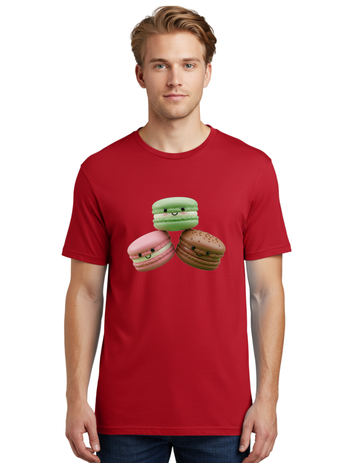 Happy-Macarons Men'S Graphic Tee, 100% Cotton, Comfortable Casual Summer Wear, Machine Washable, Cartoon Macarons, Smiling Faces, Pastel Colors, Cute Desserts, Sweet Treats, Dessert Art, French Macarons, Chocolate Macaron, Pink Macaron, Baa784