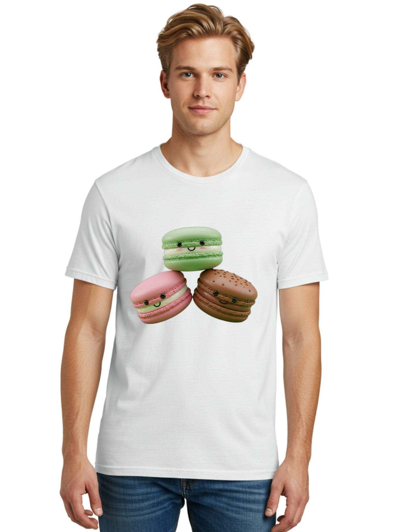Happy-Macarons Men'S Graphic Tee, 100% Cotton, Comfortable Casual Summer Wear, Machine Washable, Cartoon Macarons, Smiling Faces, Pastel Colors, Cute Desserts, Sweet Treats, Dessert Art, French Macarons, Chocolate Macaron, Pink Macaron, Baa784