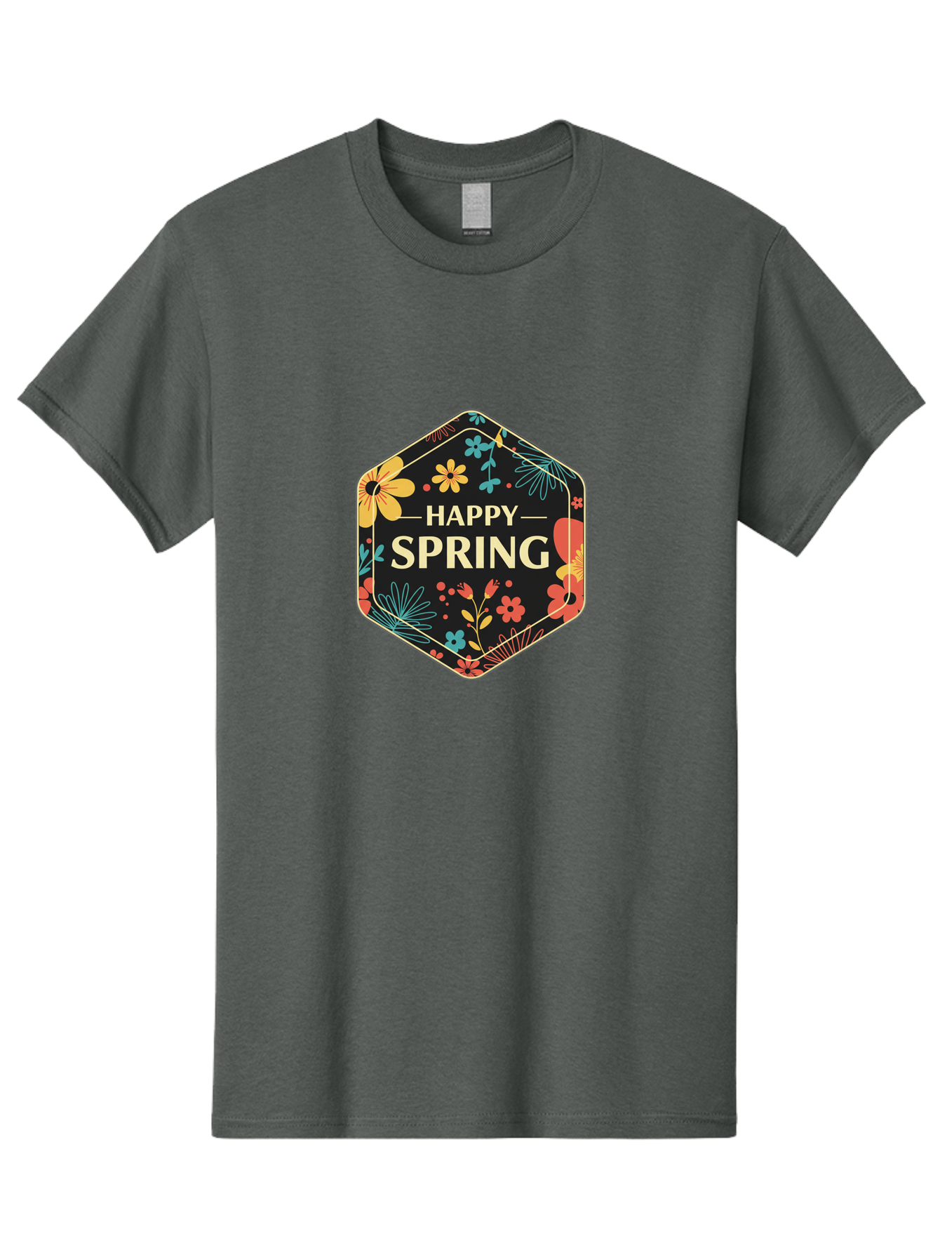 Happy-Spring Men'S Graphic Tee, 100% Cotton, Comfortable Casual Summer Wear, Machine Washable, Happy Spring, Floral Pattern, Colorful Flowers, Botanical Design, Spring Greeting, Yellow Text, Black Background, Vibrant Colors, Seasonal Theme, Baa785