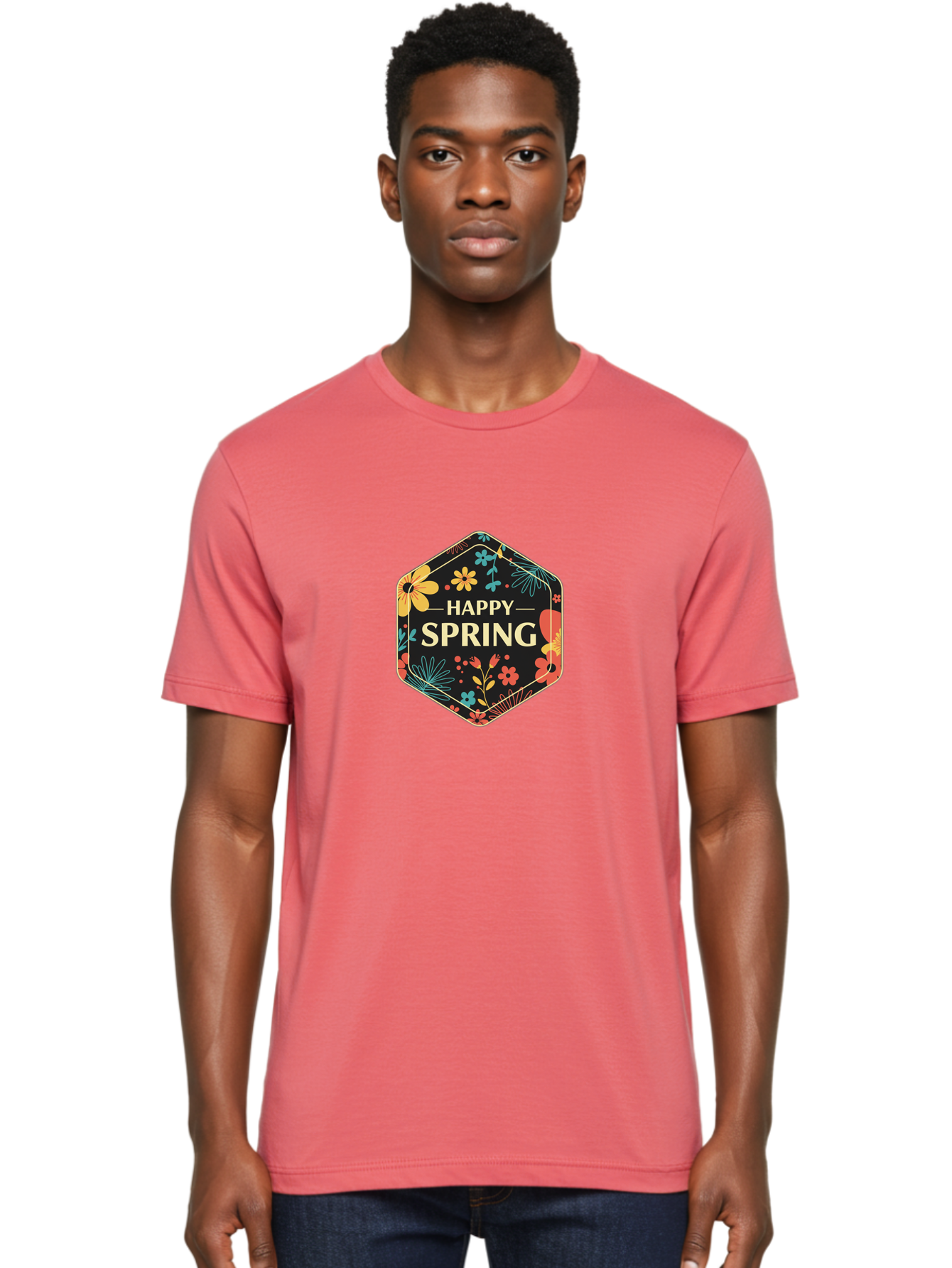 Happy-Spring Men'S Graphic Tee, 100% Cotton, Comfortable Casual Summer Wear, Machine Washable, Happy Spring, Floral Pattern, Colorful Flowers, Botanical Design, Spring Greeting, Yellow Text, Black Background, Vibrant Colors, Seasonal Theme, Baa785