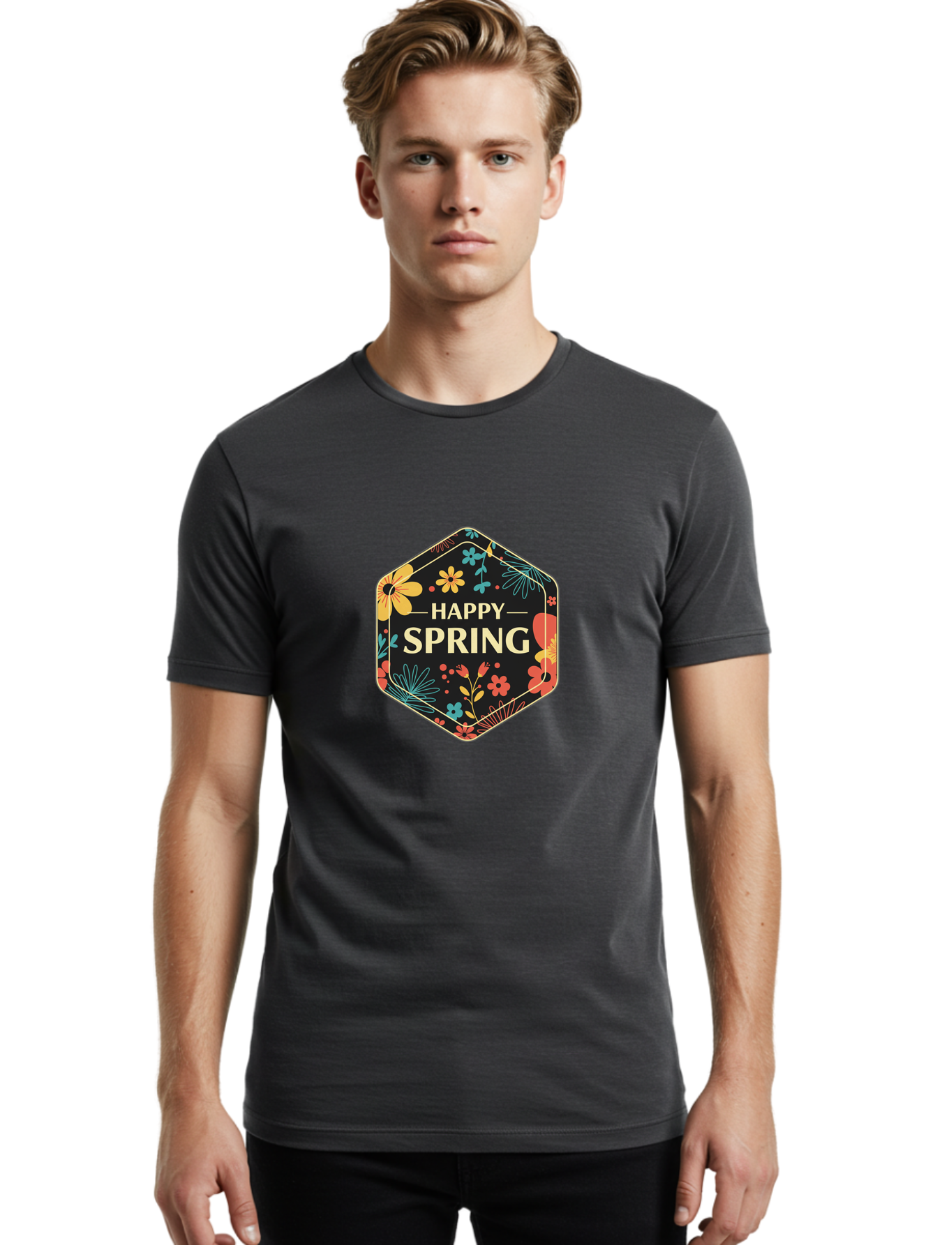 Happy-Spring Men'S Graphic Tee, 100% Cotton, Comfortable Casual Summer Wear, Machine Washable, Happy Spring, Floral Pattern, Colorful Flowers, Botanical Design, Spring Greeting, Yellow Text, Black Background, Vibrant Colors, Seasonal Theme, Baa785