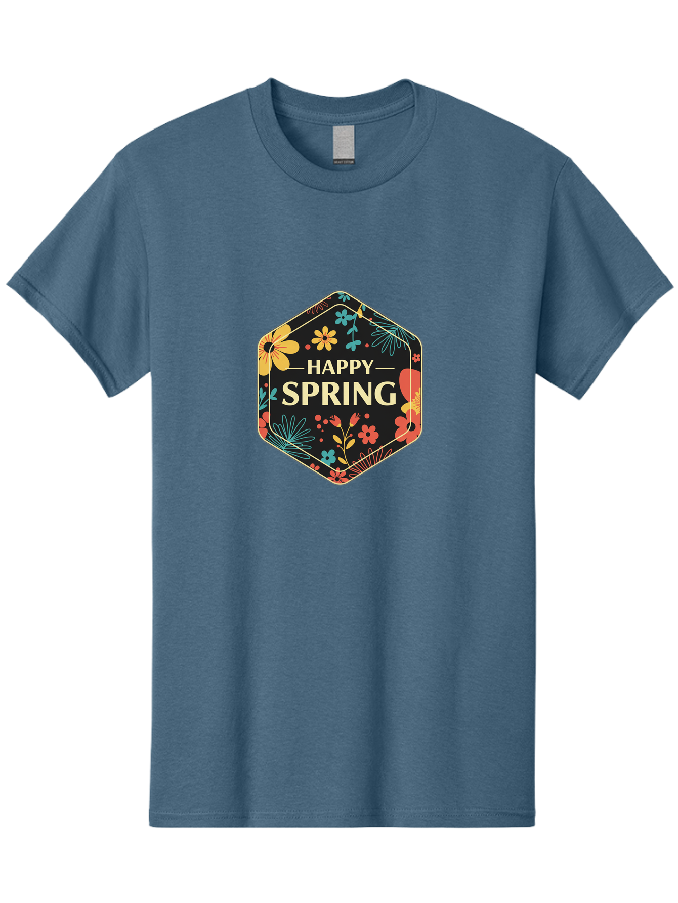 Happy-Spring Men'S Graphic Tee, 100% Cotton, Comfortable Casual Summer Wear, Machine Washable, Happy Spring, Floral Pattern, Colorful Flowers, Botanical Design, Spring Greeting, Yellow Text, Black Background, Vibrant Colors, Seasonal Theme, Baa785