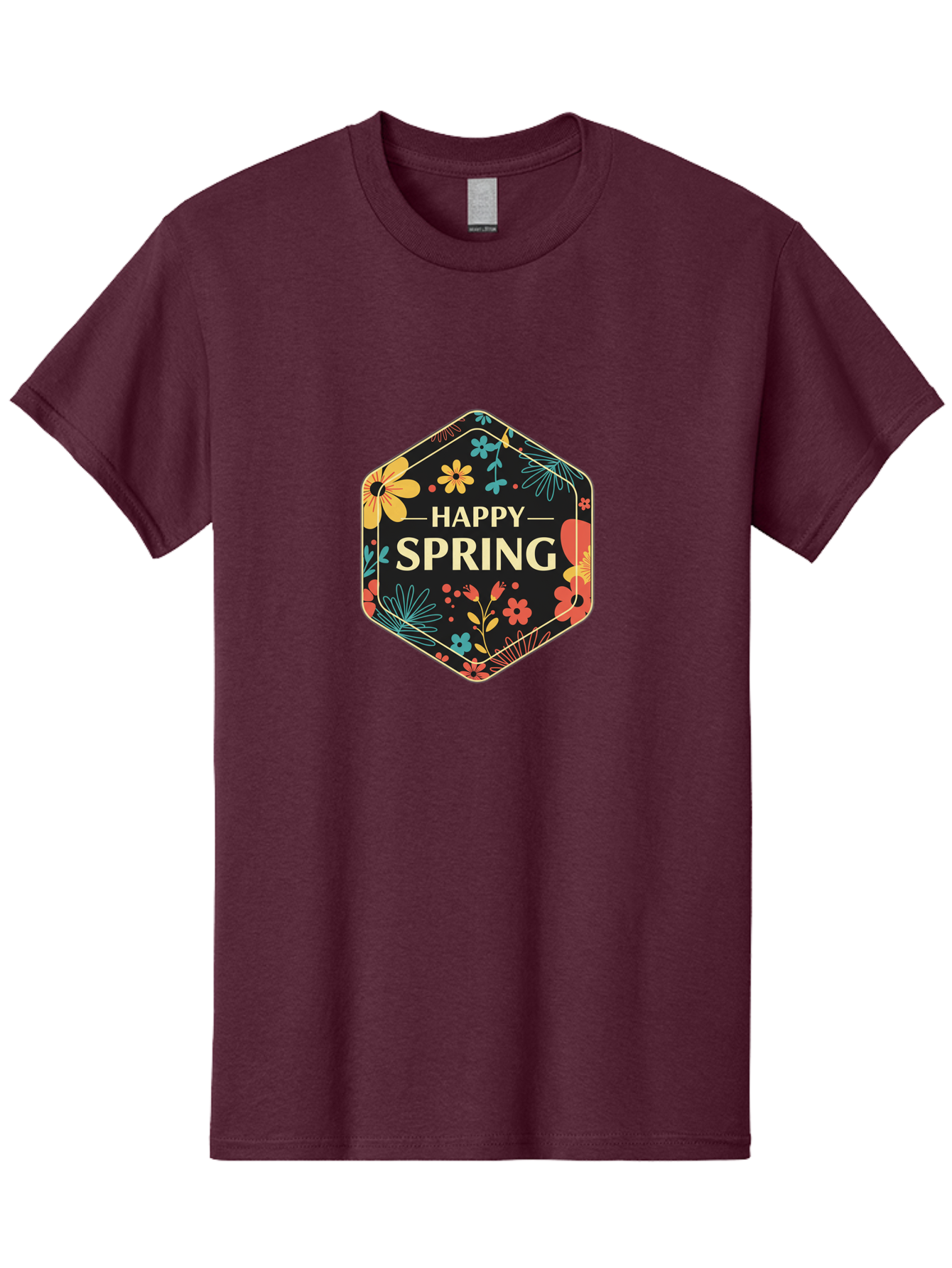 Happy-Spring Men'S Graphic Tee, 100% Cotton, Comfortable Casual Summer Wear, Machine Washable, Happy Spring, Floral Pattern, Colorful Flowers, Botanical Design, Spring Greeting, Yellow Text, Black Background, Vibrant Colors, Seasonal Theme, Baa785