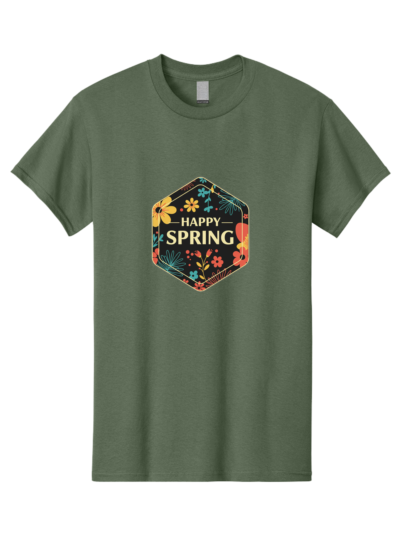 Happy-Spring Men'S Graphic Tee, 100% Cotton, Comfortable Casual Summer Wear, Machine Washable, Happy Spring, Floral Pattern, Colorful Flowers, Botanical Design, Spring Greeting, Yellow Text, Black Background, Vibrant Colors, Seasonal Theme, Baa785
