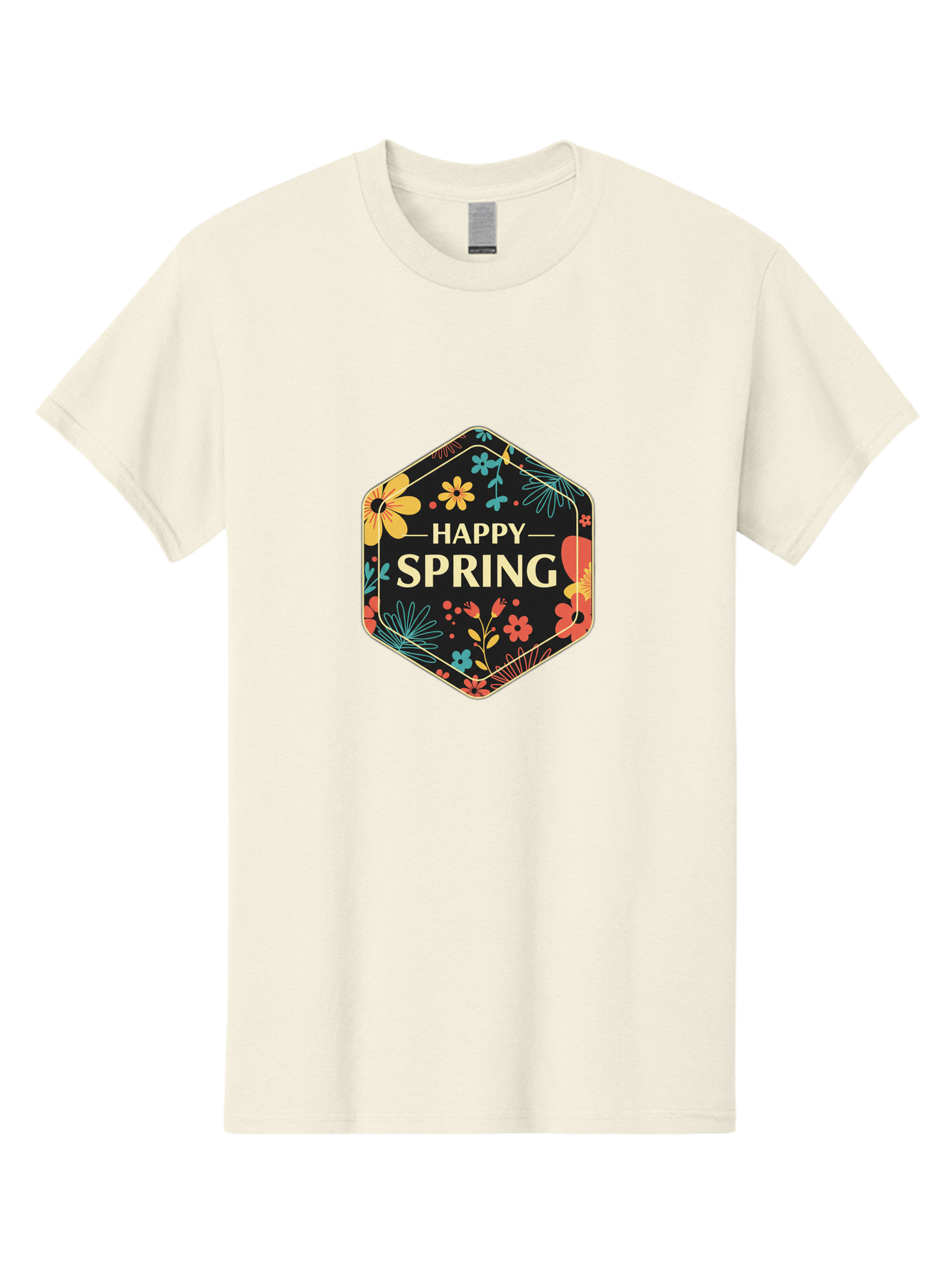 Happy-Spring Men'S Graphic Tee, 100% Cotton, Comfortable Casual Summer Wear, Machine Washable, Happy Spring, Floral Pattern, Colorful Flowers, Botanical Design, Spring Greeting, Yellow Text, Black Background, Vibrant Colors, Seasonal Theme, Baa785