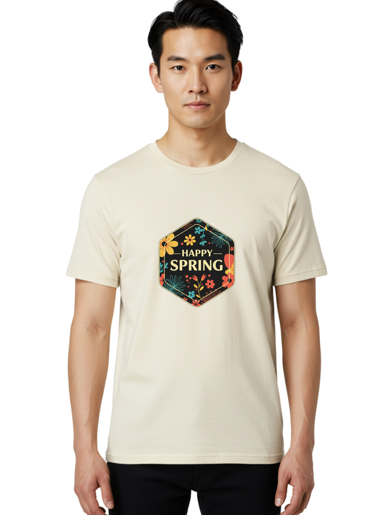 Happy-Spring Men'S Graphic Tee, 100% Cotton, Comfortable Casual Summer Wear, Machine Washable, Happy Spring, Floral Pattern, Colorful Flowers, Botanical Design, Spring Greeting, Yellow Text, Black Background, Vibrant Colors, Seasonal Theme, Baa785