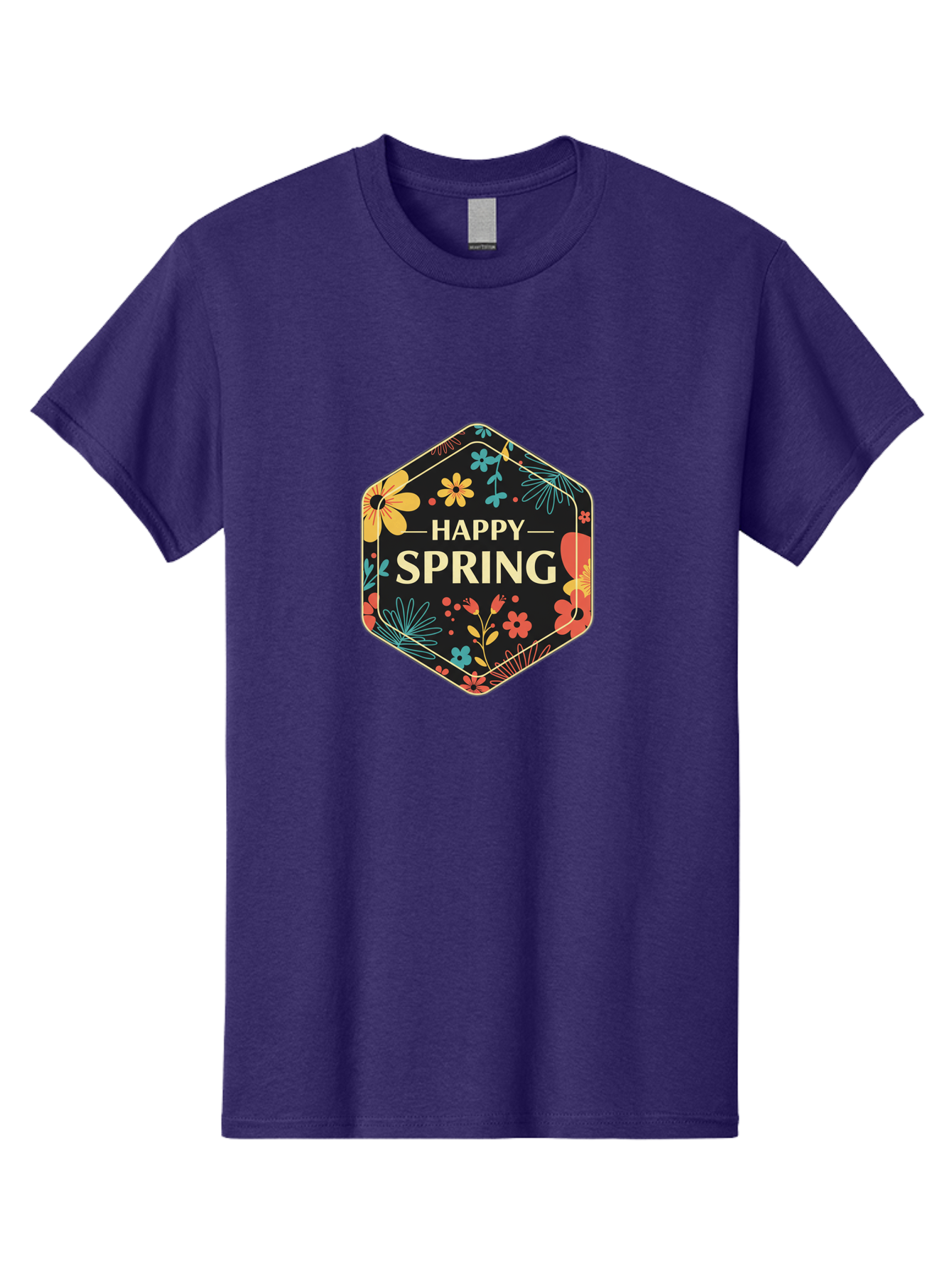 Happy-Spring Men'S Graphic Tee, 100% Cotton, Comfortable Casual Summer Wear, Machine Washable, Happy Spring, Floral Pattern, Colorful Flowers, Botanical Design, Spring Greeting, Yellow Text, Black Background, Vibrant Colors, Seasonal Theme, Baa785