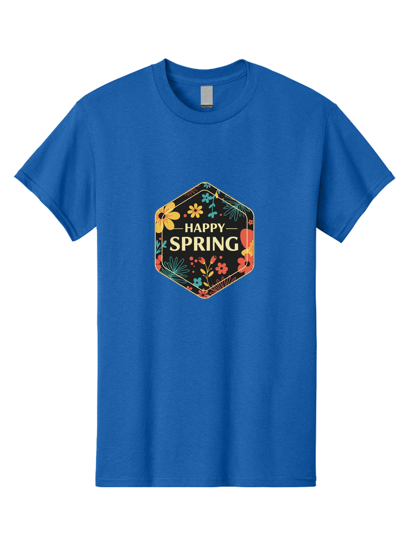 Happy-Spring Men'S Graphic Tee, 100% Cotton, Comfortable Casual Summer Wear, Machine Washable, Happy Spring, Floral Pattern, Colorful Flowers, Botanical Design, Spring Greeting, Yellow Text, Black Background, Vibrant Colors, Seasonal Theme, Baa785