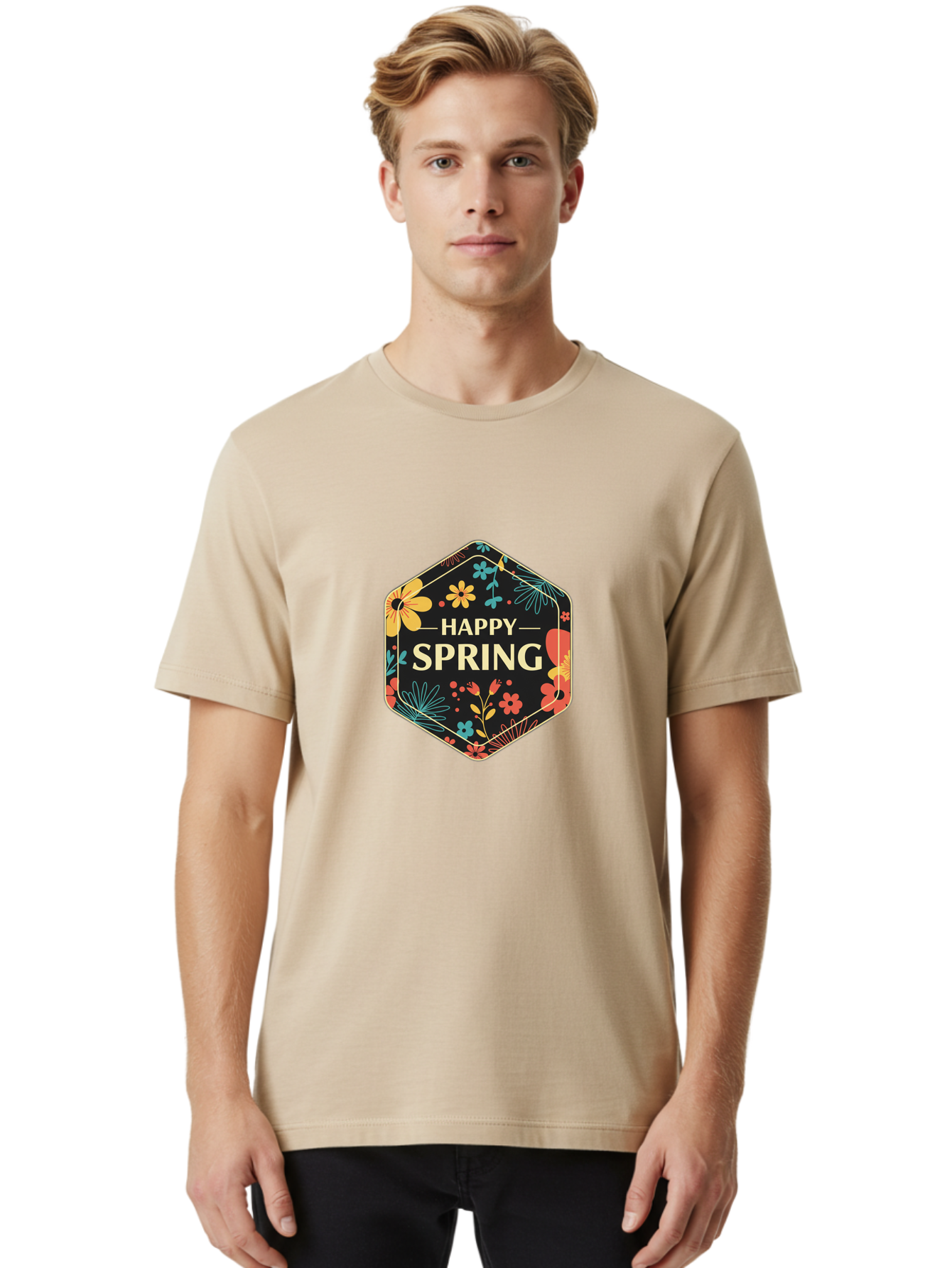 Happy-Spring Men'S Graphic Tee, 100% Cotton, Comfortable Casual Summer Wear, Machine Washable, Happy Spring, Floral Pattern, Colorful Flowers, Botanical Design, Spring Greeting, Yellow Text, Black Background, Vibrant Colors, Seasonal Theme, Baa785
