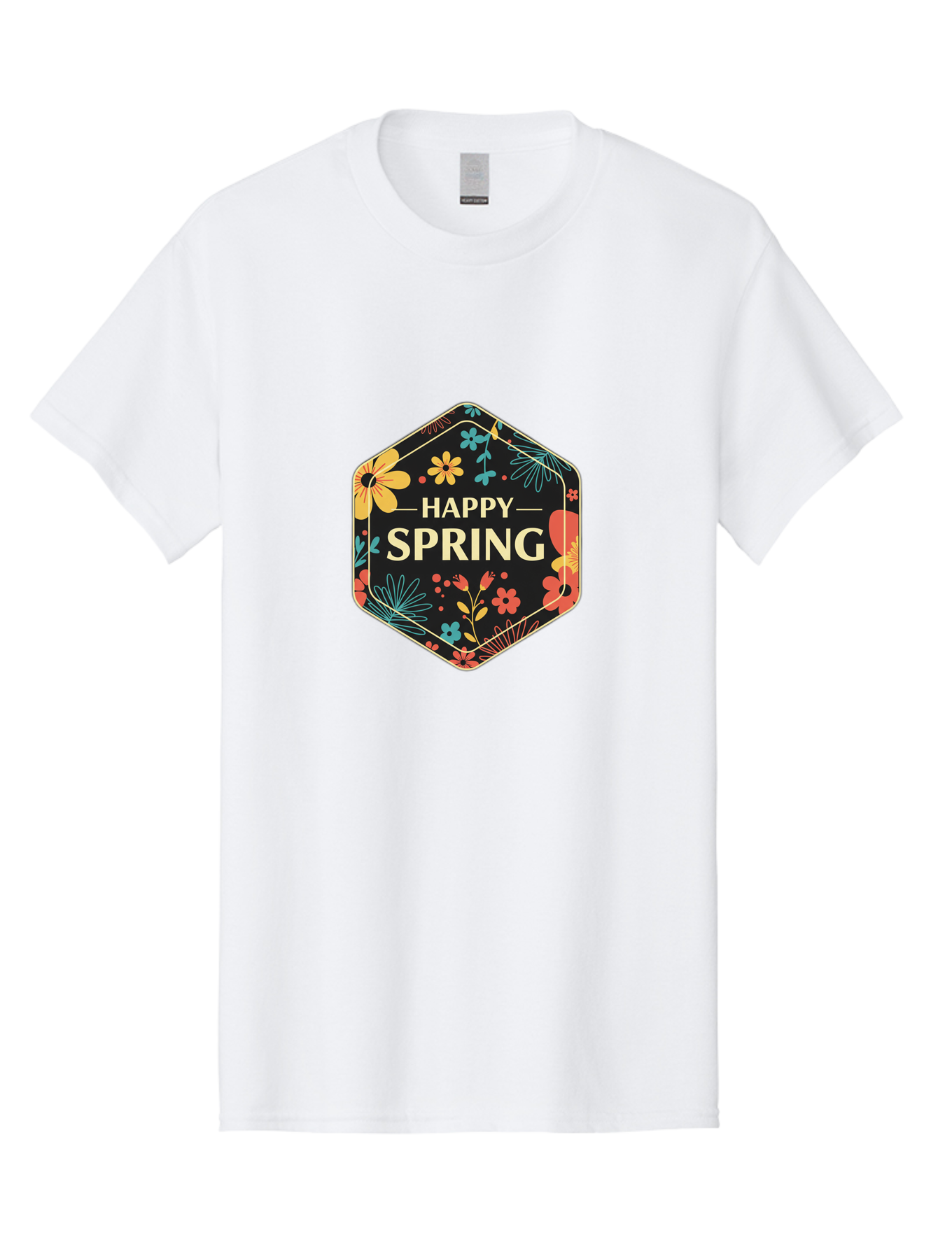 Happy-Spring Men'S Graphic Tee, 100% Cotton, Comfortable Casual Summer Wear, Machine Washable, Happy Spring, Floral Pattern, Colorful Flowers, Botanical Design, Spring Greeting, Yellow Text, Black Background, Vibrant Colors, Seasonal Theme, Baa785