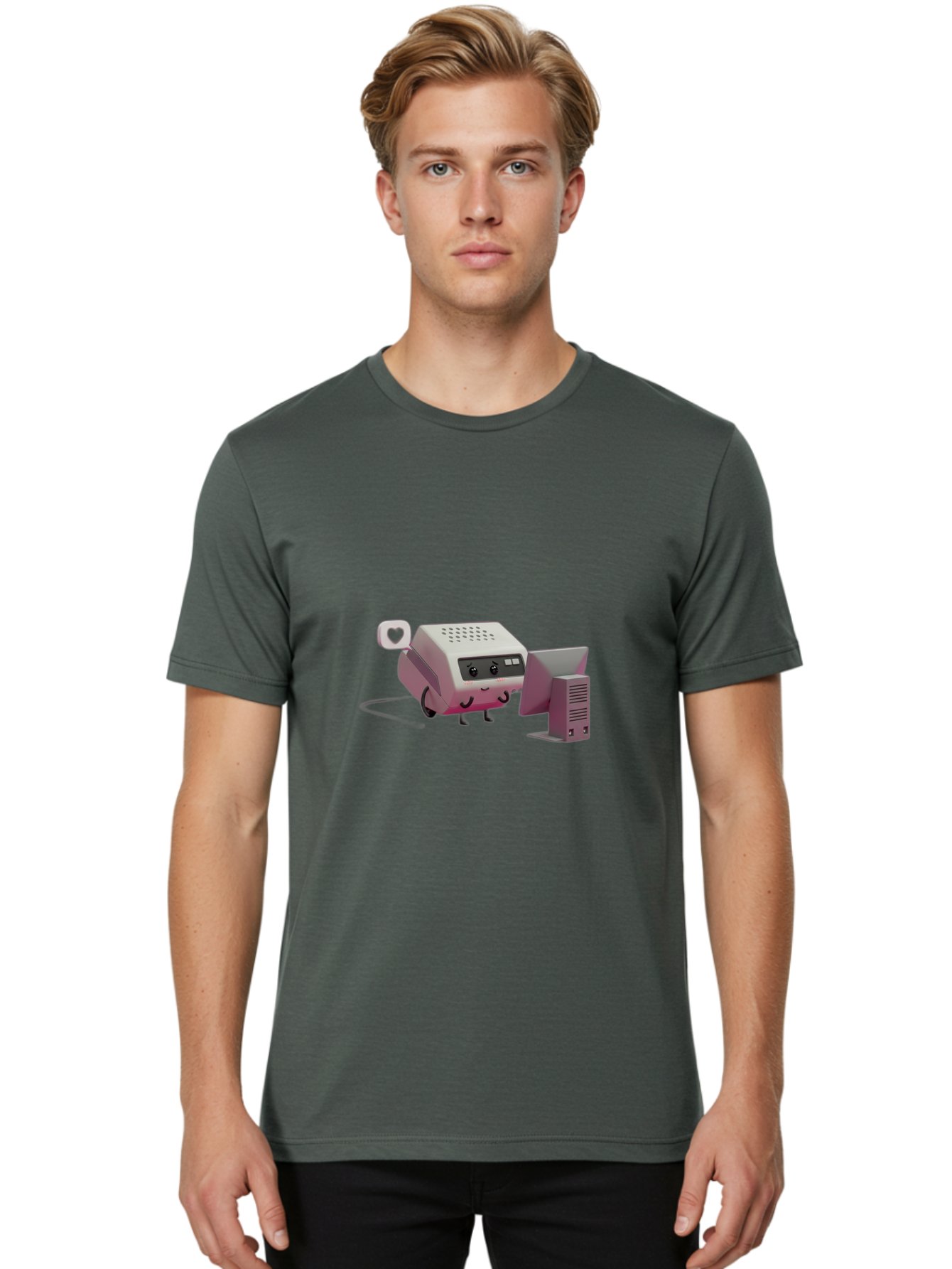 Heart-Icon-Modem-And-Monitor Men'S Graphic Tee, 100% Cotton, Comfortable Casual Summer Wear, Machine Washable, 3D Cartoon Printer, Printing Technology, Office Equipment, Cartoon Character, Computer Monitor, Printer Device, Purple Printer, Baa786