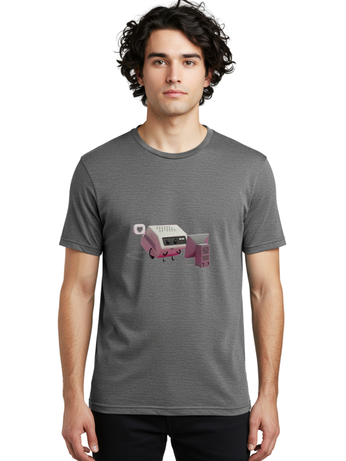 Heart-Icon-Modem-And-Monitor Men'S Graphic Tee, 100% Cotton, Comfortable Casual Summer Wear, Machine Washable, 3D Cartoon Printer, Printing Technology, Office Equipment, Cartoon Character, Computer Monitor, Printer Device, Purple Printer, Baa786