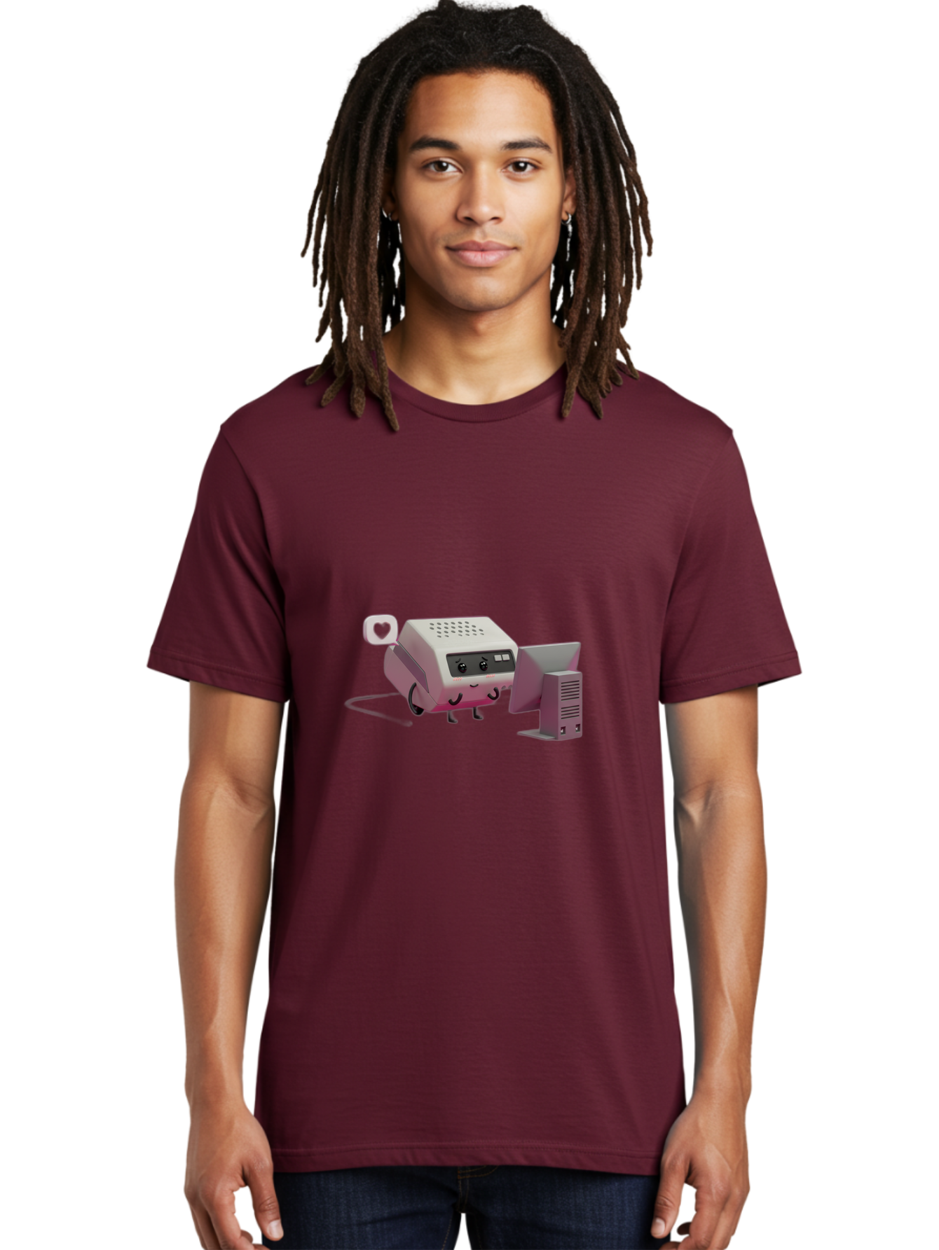 Heart-Icon-Modem-And-Monitor Men'S Graphic Tee, 100% Cotton, Comfortable Casual Summer Wear, Machine Washable, 3D Cartoon Printer, Printing Technology, Office Equipment, Cartoon Character, Computer Monitor, Printer Device, Purple Printer, Baa786