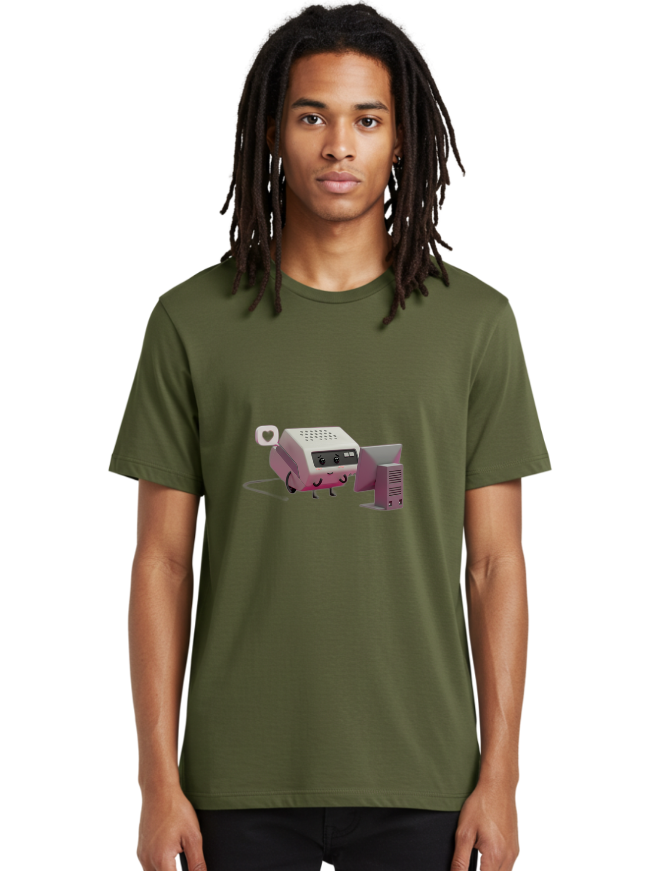 Heart-Icon-Modem-And-Monitor Men'S Graphic Tee, 100% Cotton, Comfortable Casual Summer Wear, Machine Washable, 3D Cartoon Printer, Printing Technology, Office Equipment, Cartoon Character, Computer Monitor, Printer Device, Purple Printer, Baa786