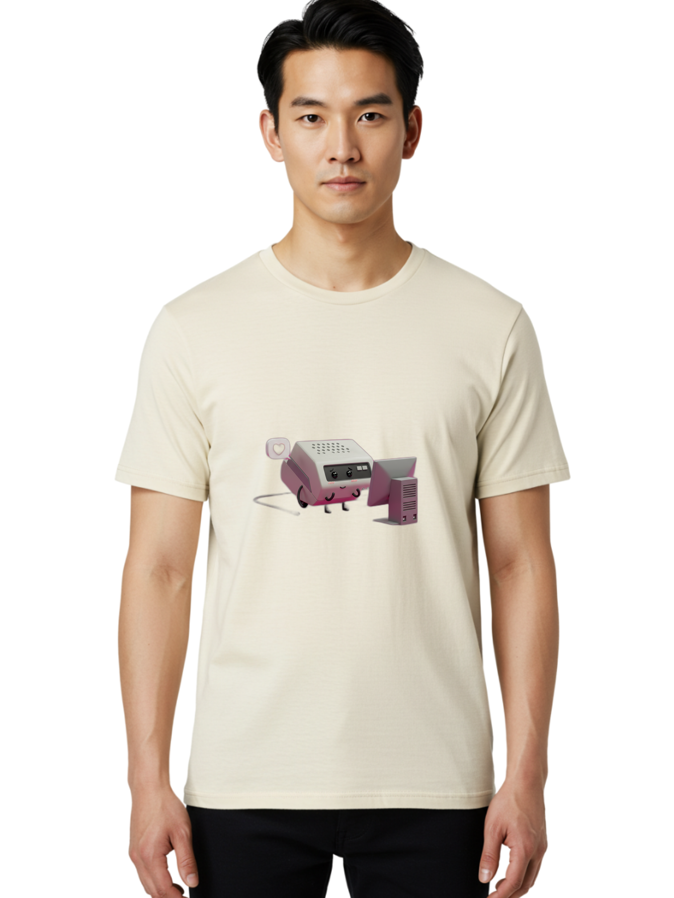 Heart-Icon-Modem-And-Monitor Men'S Graphic Tee, 100% Cotton, Comfortable Casual Summer Wear, Machine Washable, 3D Cartoon Printer, Printing Technology, Office Equipment, Cartoon Character, Computer Monitor, Printer Device, Purple Printer, Baa786