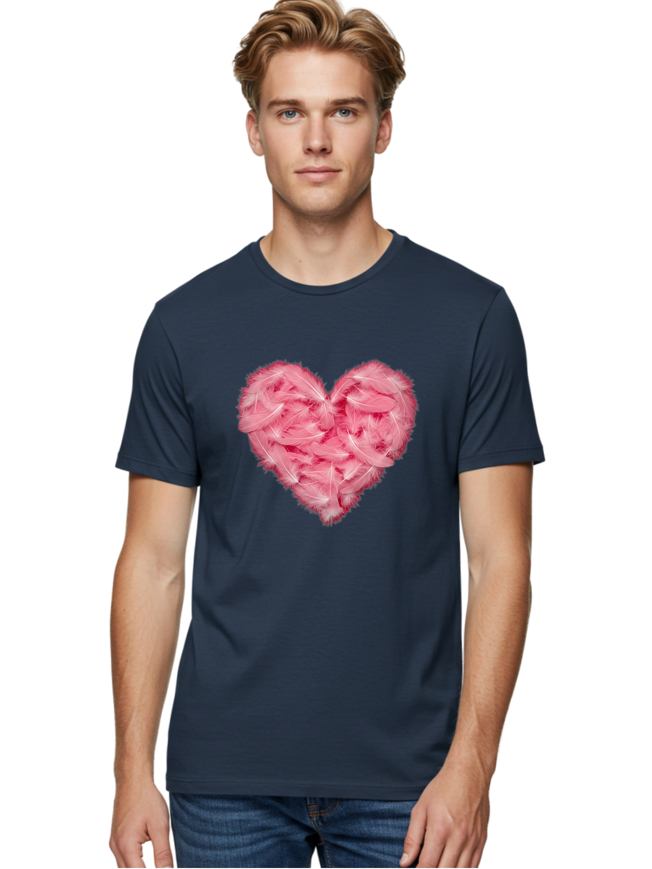 Heart-Of-Feathers Men'S Graphic Tee, 100% Cotton, Comfortable Casual Summer Wear, Machine Washable, Pink Feather Heart, Love Symbol, Soft Texture, Delicate Feathers, Romantic Gesture, Tender Heart, Loving Feeling Baa787
