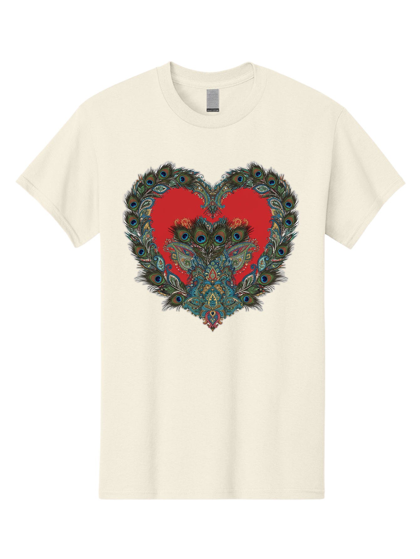 Heart-Peacock Men'S Graphic Tee, 100% Cotton, Comfortable Casual Summer Wear, Machine Washable, Heart Shape, Peacock Feathers, Red Heart, Blue Eyes, Colorful Design, Intricate Patterns, Symbolic Heart, Vibrant Colors, Emotional Expression, Baa788