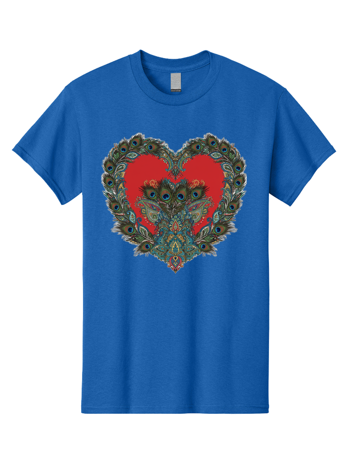 Heart-Peacock Men'S Graphic Tee, 100% Cotton, Comfortable Casual Summer Wear, Machine Washable, Heart Shape, Peacock Feathers, Red Heart, Blue Eyes, Colorful Design, Intricate Patterns, Symbolic Heart, Vibrant Colors, Emotional Expression, Baa788