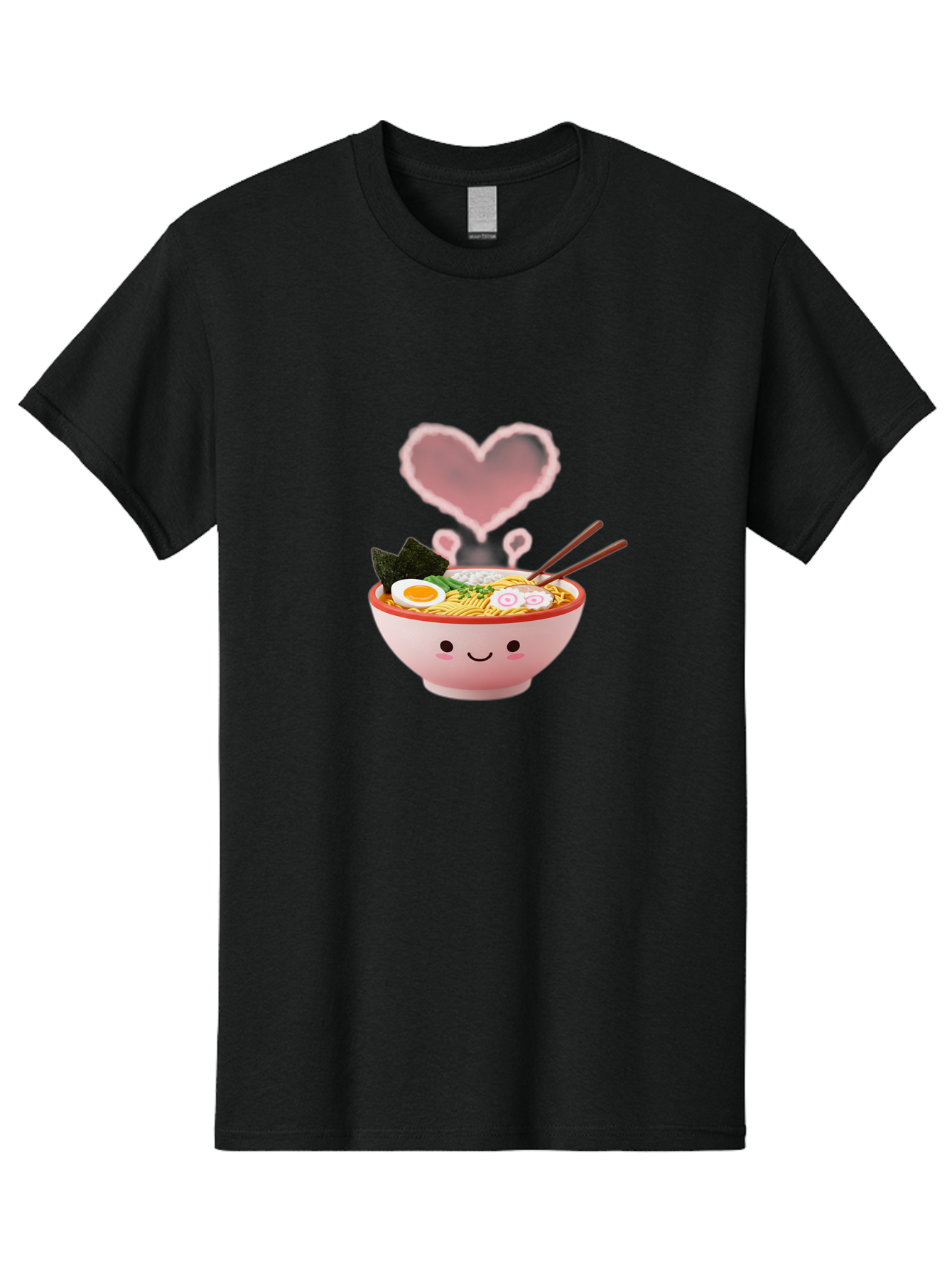 Heart-Ramen Men'S Graphic Tee, 100% Cotton, Comfortable Casual Summer Wear, Machine Washable, Cartoon Ramen Bowl, Cute Noodles, Adorable Meal, Steaming Hot, Pink Heart, Chopsticks, Egg, Seaweed, Tasty Food, Kawaii Culture, Japanese Cuisine, Baa789