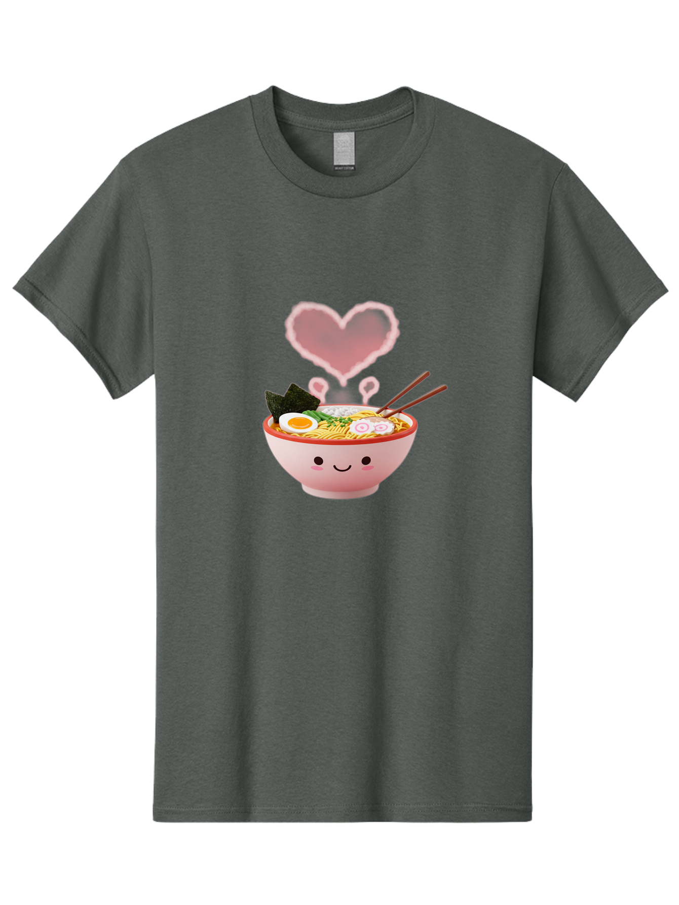 Heart-Ramen Men'S Graphic Tee, 100% Cotton, Comfortable Casual Summer Wear, Machine Washable, Cartoon Ramen Bowl, Cute Noodles, Adorable Meal, Steaming Hot, Pink Heart, Chopsticks, Egg, Seaweed, Tasty Food, Kawaii Culture, Japanese Cuisine, Baa789