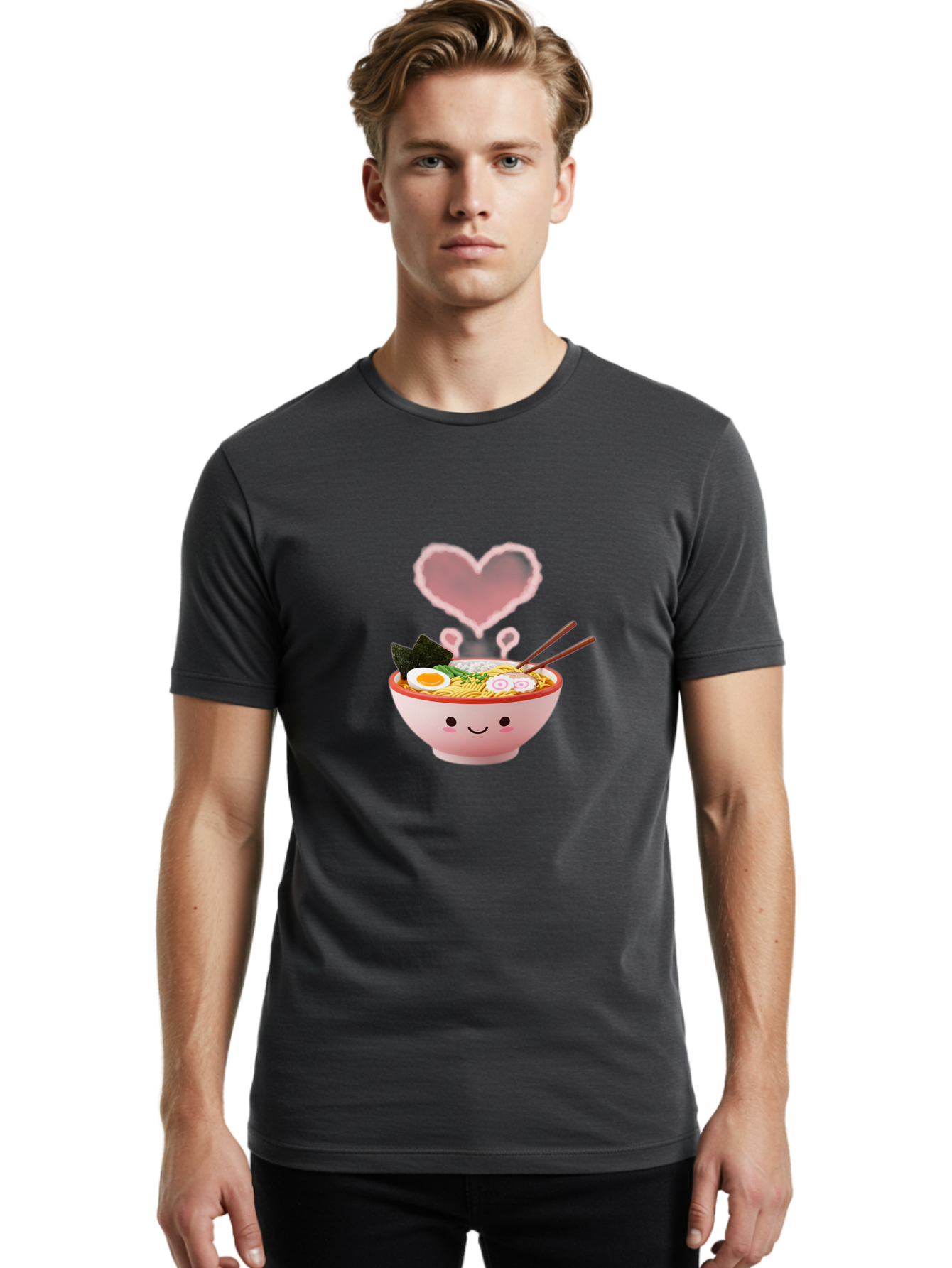 Heart-Ramen Men'S Graphic Tee, 100% Cotton, Comfortable Casual Summer Wear, Machine Washable, Cartoon Ramen Bowl, Cute Noodles, Adorable Meal, Steaming Hot, Pink Heart, Chopsticks, Egg, Seaweed, Tasty Food, Kawaii Culture, Japanese Cuisine, Baa789