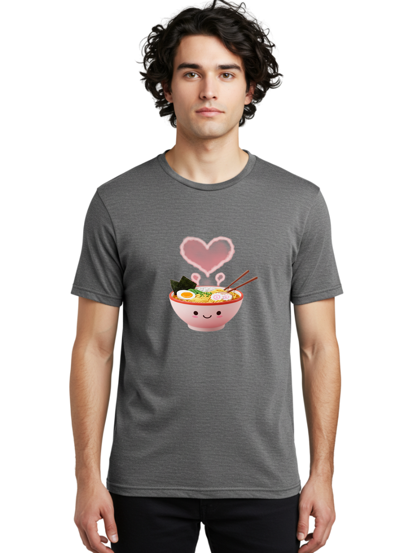 Heart-Ramen Men'S Graphic Tee, 100% Cotton, Comfortable Casual Summer Wear, Machine Washable, Cartoon Ramen Bowl, Cute Noodles, Adorable Meal, Steaming Hot, Pink Heart, Chopsticks, Egg, Seaweed, Tasty Food, Kawaii Culture, Japanese Cuisine, Baa789