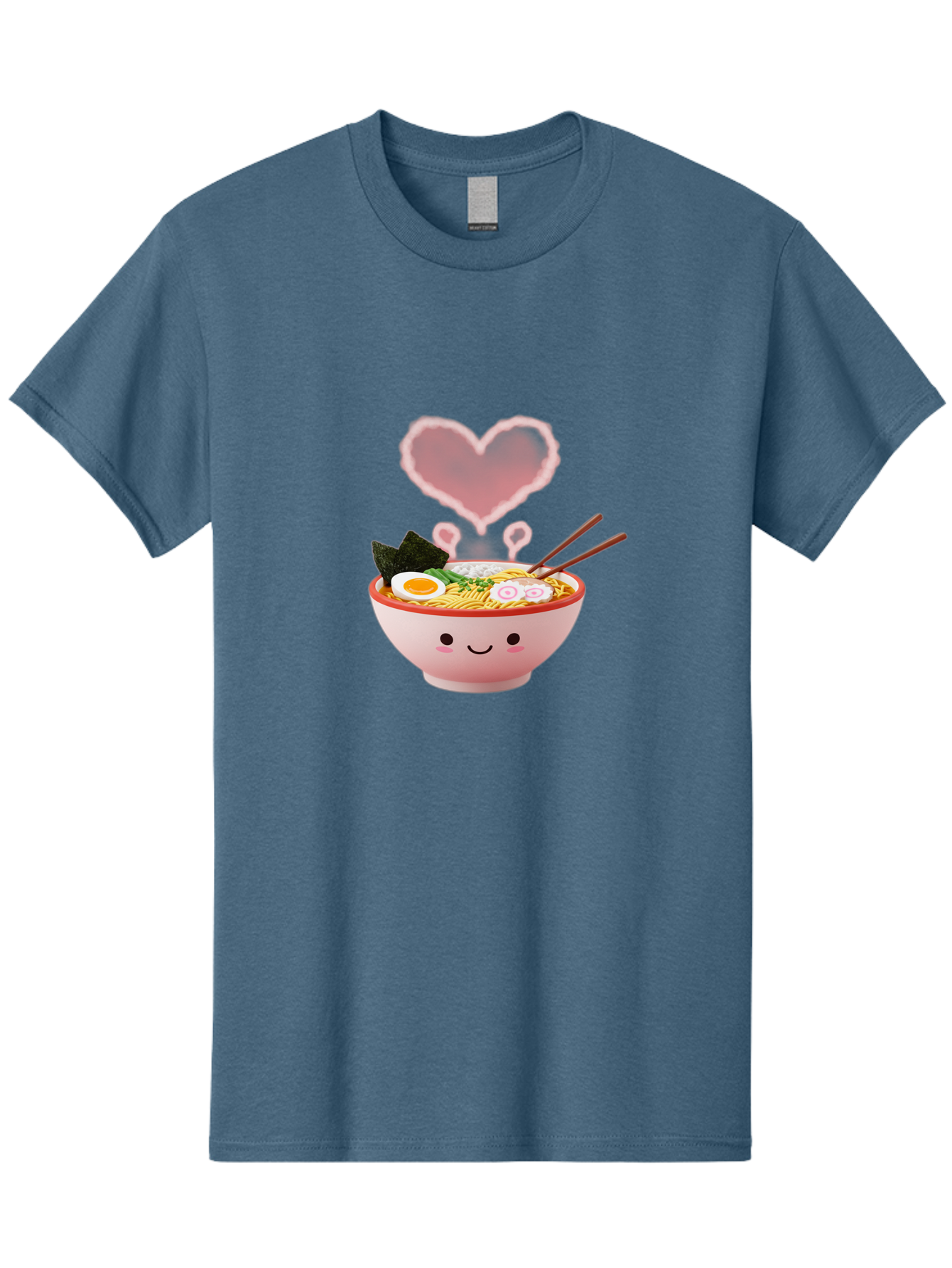 Heart-Ramen Men'S Graphic Tee, 100% Cotton, Comfortable Casual Summer Wear, Machine Washable, Cartoon Ramen Bowl, Cute Noodles, Adorable Meal, Steaming Hot, Pink Heart, Chopsticks, Egg, Seaweed, Tasty Food, Kawaii Culture, Japanese Cuisine, Baa789