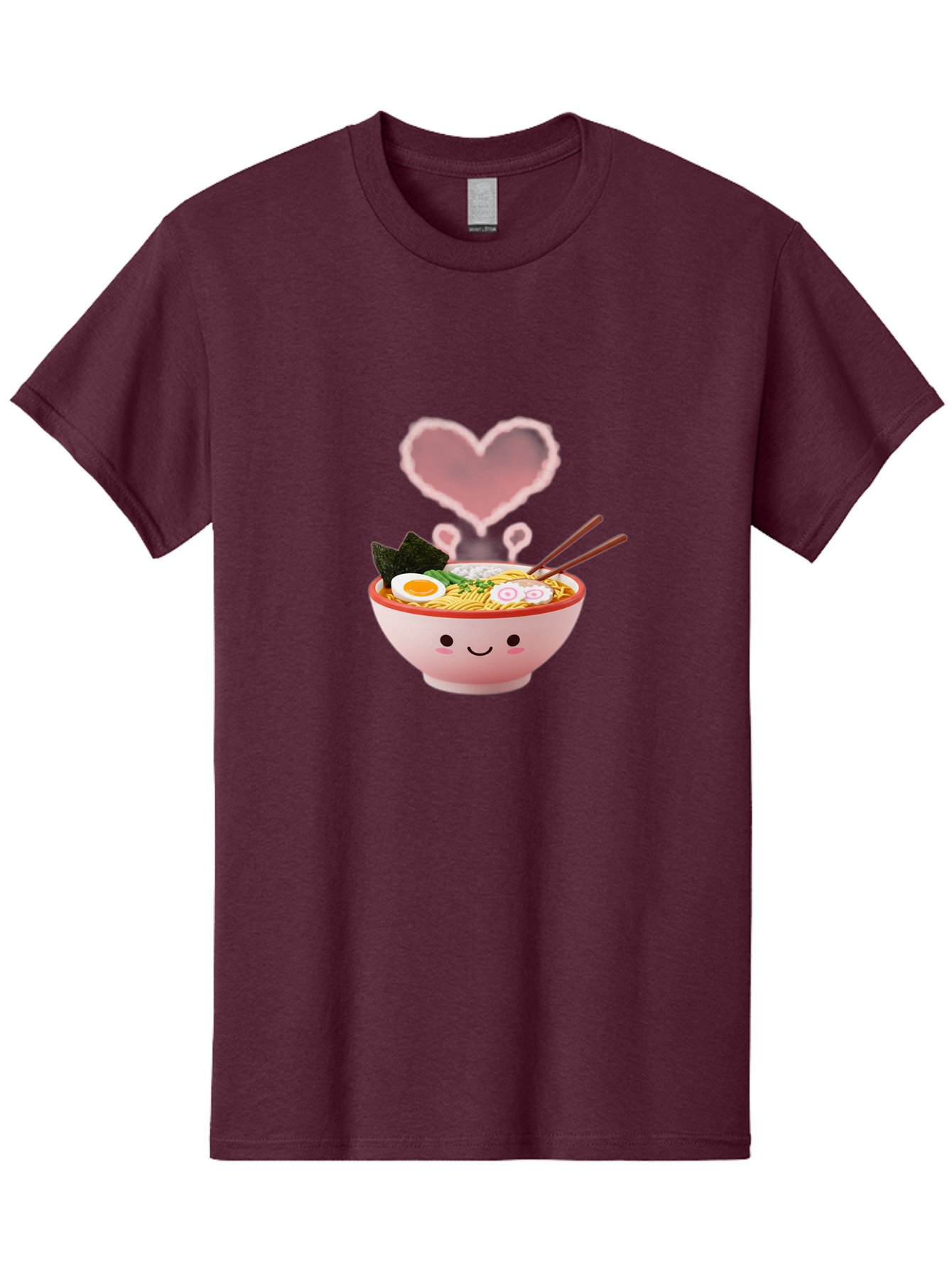 Heart-Ramen Men'S Graphic Tee, 100% Cotton, Comfortable Casual Summer Wear, Machine Washable, Cartoon Ramen Bowl, Cute Noodles, Adorable Meal, Steaming Hot, Pink Heart, Chopsticks, Egg, Seaweed, Tasty Food, Kawaii Culture, Japanese Cuisine, Baa789