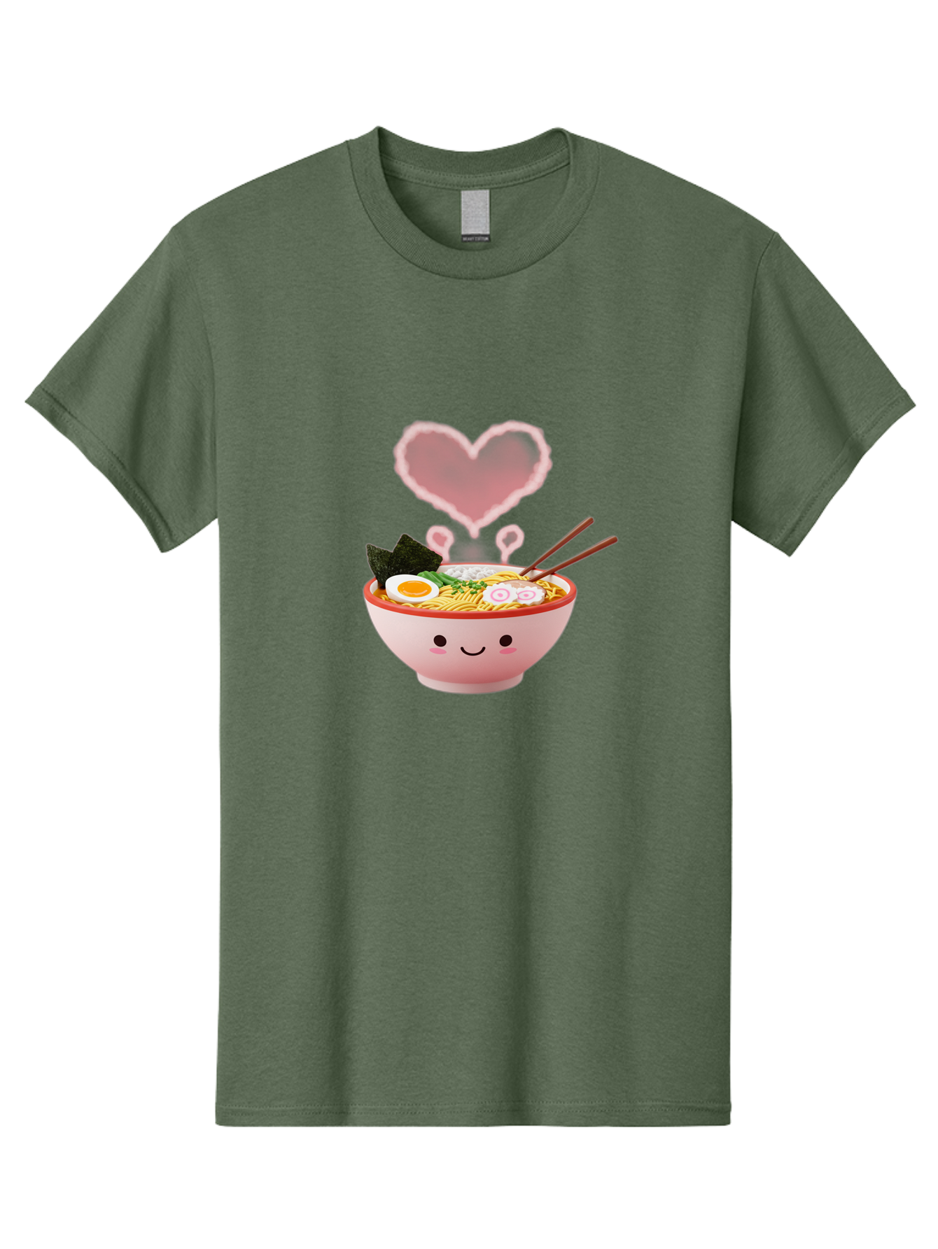 Heart-Ramen Men'S Graphic Tee, 100% Cotton, Comfortable Casual Summer Wear, Machine Washable, Cartoon Ramen Bowl, Cute Noodles, Adorable Meal, Steaming Hot, Pink Heart, Chopsticks, Egg, Seaweed, Tasty Food, Kawaii Culture, Japanese Cuisine, Baa789