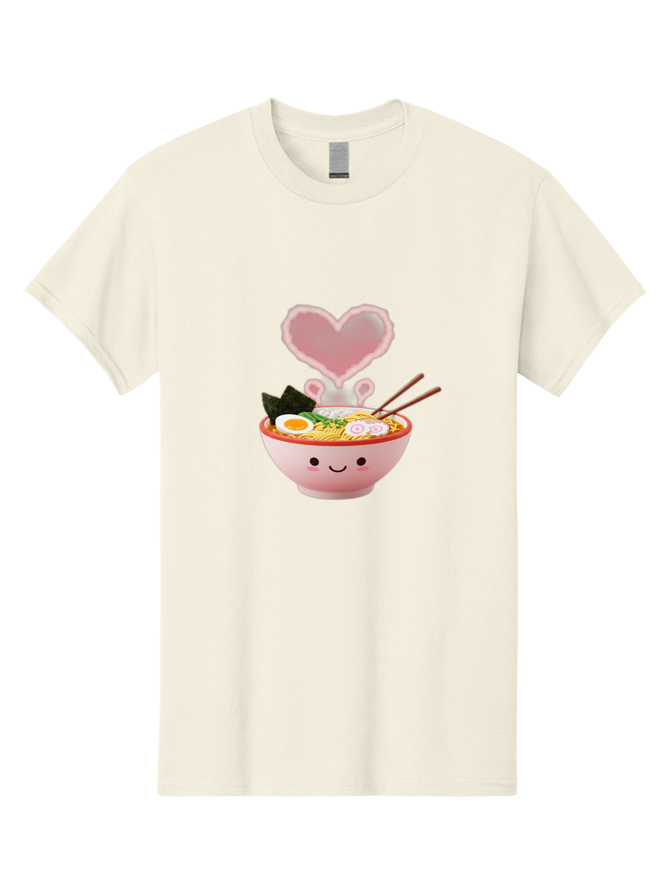Heart-Ramen Men'S Graphic Tee, 100% Cotton, Comfortable Casual Summer Wear, Machine Washable, Cartoon Ramen Bowl, Cute Noodles, Adorable Meal, Steaming Hot, Pink Heart, Chopsticks, Egg, Seaweed, Tasty Food, Kawaii Culture, Japanese Cuisine, Baa789