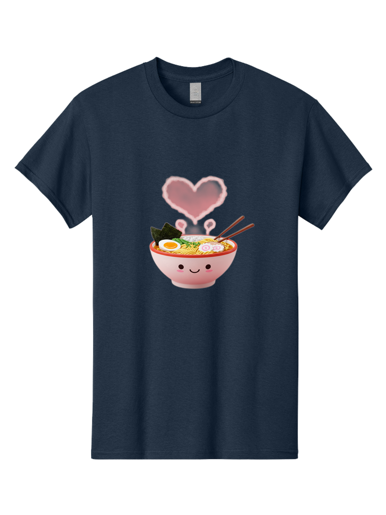 Heart-Ramen Men'S Graphic Tee, 100% Cotton, Comfortable Casual Summer Wear, Machine Washable, Cartoon Ramen Bowl, Cute Noodles, Adorable Meal, Steaming Hot, Pink Heart, Chopsticks, Egg, Seaweed, Tasty Food, Kawaii Culture, Japanese Cuisine, Baa789