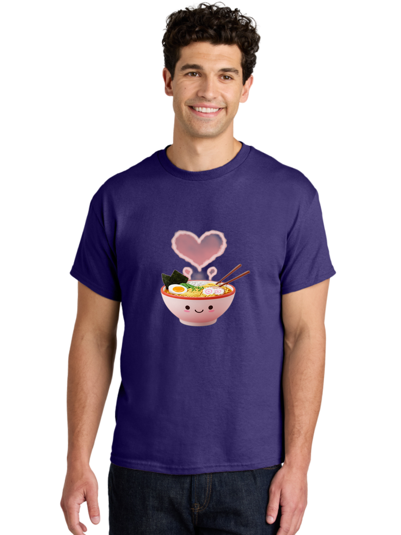 Heart-Ramen Men'S Graphic Tee, 100% Cotton, Comfortable Casual Summer Wear, Machine Washable, Cartoon Ramen Bowl, Cute Noodles, Adorable Meal, Steaming Hot, Pink Heart, Chopsticks, Egg, Seaweed, Tasty Food, Kawaii Culture, Japanese Cuisine, Baa789