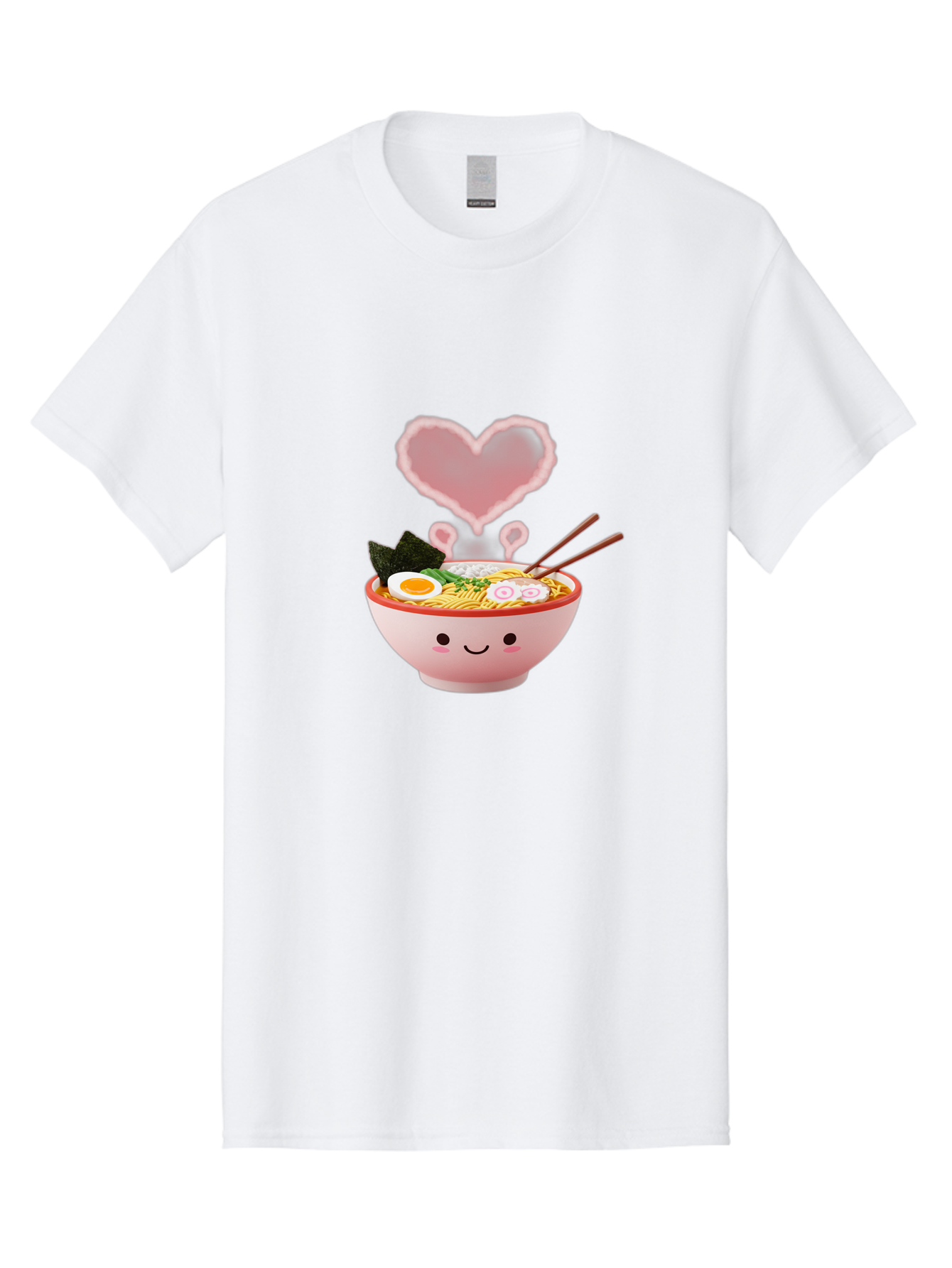 Heart-Ramen Men'S Graphic Tee, 100% Cotton, Comfortable Casual Summer Wear, Machine Washable, Cartoon Ramen Bowl, Cute Noodles, Adorable Meal, Steaming Hot, Pink Heart, Chopsticks, Egg, Seaweed, Tasty Food, Kawaii Culture, Japanese Cuisine, Baa789