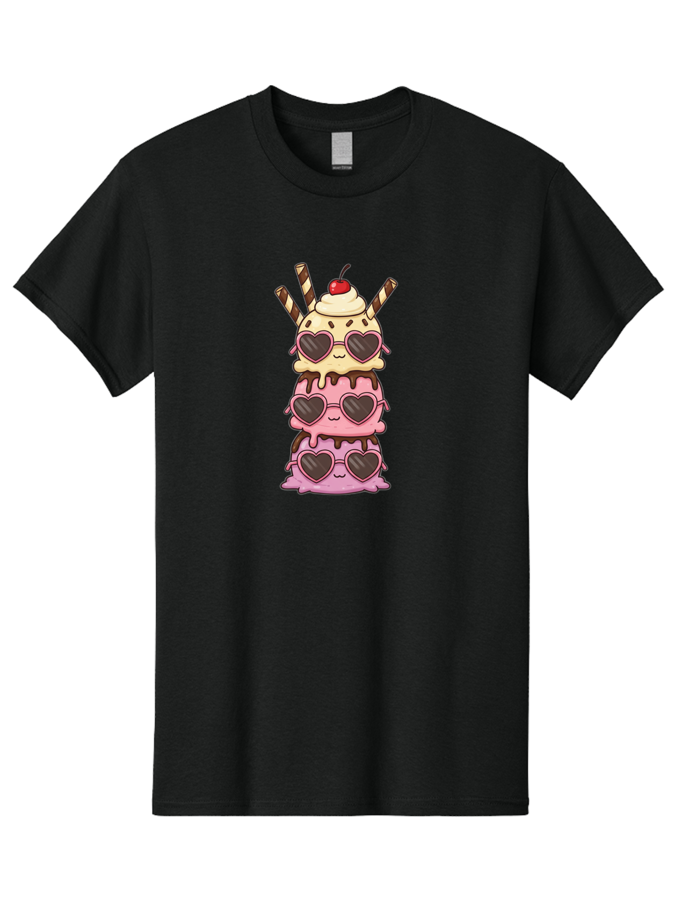 Heart-Sunglasses-Ice-Cream Men'S Graphic Tee, 100% Cotton, Comfortable Casual Summer Wear, Machine Washable, Stacked Ice Cream, Heart Shaped Sunglasses, Strawberry Ice Cream, Chocolate Sauce, Whipped Cream, Cherry On Top, Striped Straws, Baa793
