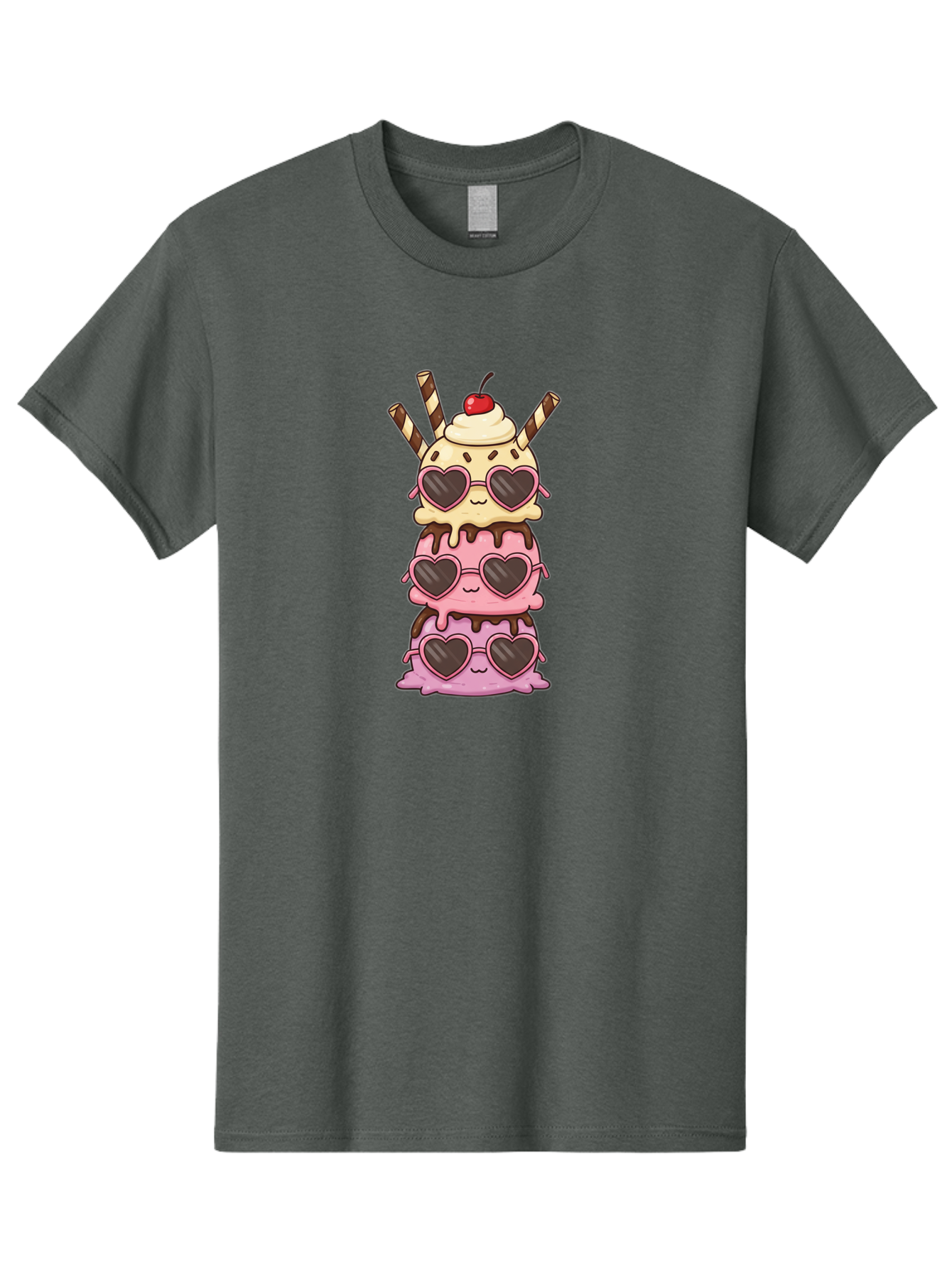Heart-Sunglasses-Ice-Cream Men'S Graphic Tee, 100% Cotton, Comfortable Casual Summer Wear, Machine Washable, Stacked Ice Cream, Heart Shaped Sunglasses, Strawberry Ice Cream, Chocolate Sauce, Whipped Cream, Cherry On Top, Striped Straws, Baa793