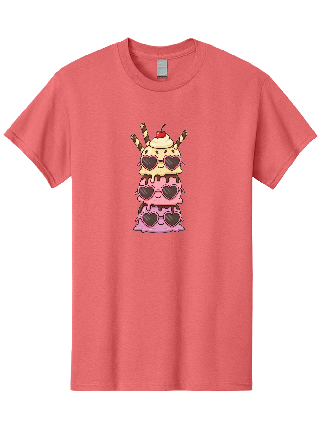 Heart-Sunglasses-Ice-Cream Men'S Graphic Tee, 100% Cotton, Comfortable Casual Summer Wear, Machine Washable, Stacked Ice Cream, Heart Shaped Sunglasses, Strawberry Ice Cream, Chocolate Sauce, Whipped Cream, Cherry On Top, Striped Straws, Baa793