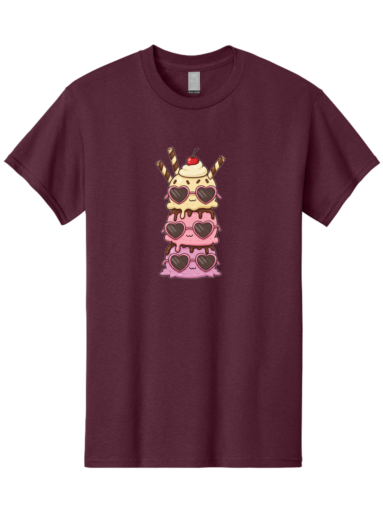 Heart-Sunglasses-Ice-Cream Men'S Graphic Tee, 100% Cotton, Comfortable Casual Summer Wear, Machine Washable, Stacked Ice Cream, Heart Shaped Sunglasses, Strawberry Ice Cream, Chocolate Sauce, Whipped Cream, Cherry On Top, Striped Straws, Baa793