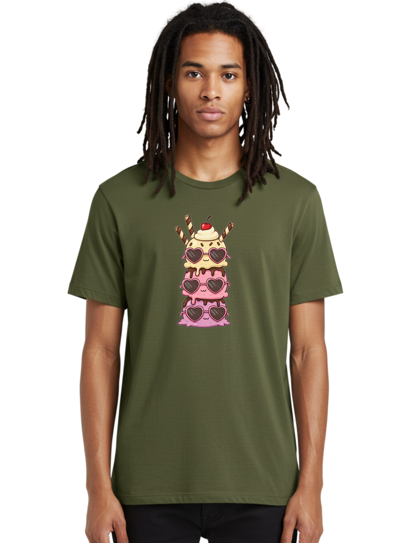 Heart-Sunglasses-Ice-Cream Men'S Graphic Tee, 100% Cotton, Comfortable Casual Summer Wear, Machine Washable, Stacked Ice Cream, Heart Shaped Sunglasses, Strawberry Ice Cream, Chocolate Sauce, Whipped Cream, Cherry On Top, Striped Straws, Baa793