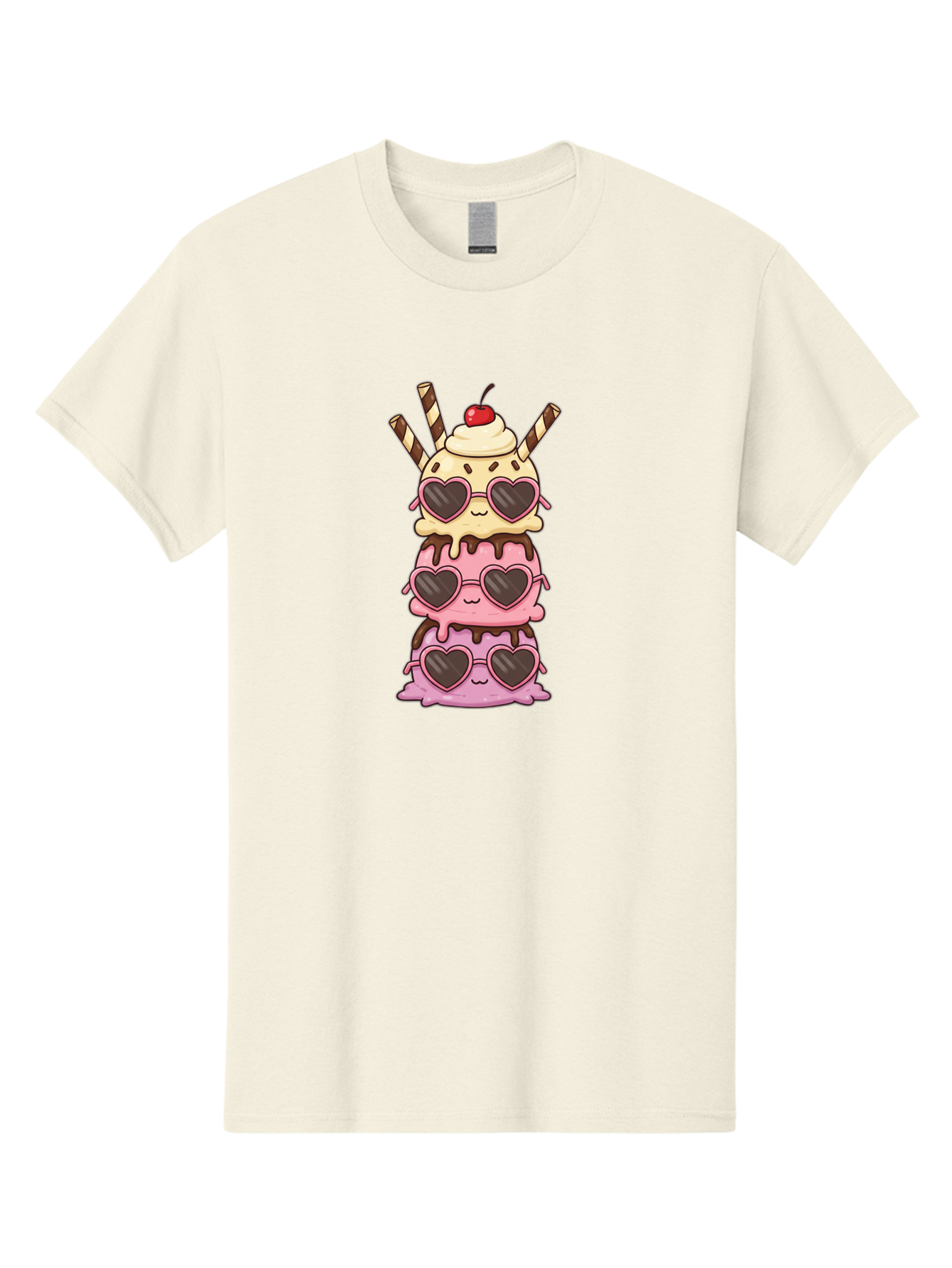Heart-Sunglasses-Ice-Cream Men'S Graphic Tee, 100% Cotton, Comfortable Casual Summer Wear, Machine Washable, Stacked Ice Cream, Heart Shaped Sunglasses, Strawberry Ice Cream, Chocolate Sauce, Whipped Cream, Cherry On Top, Striped Straws, Baa793