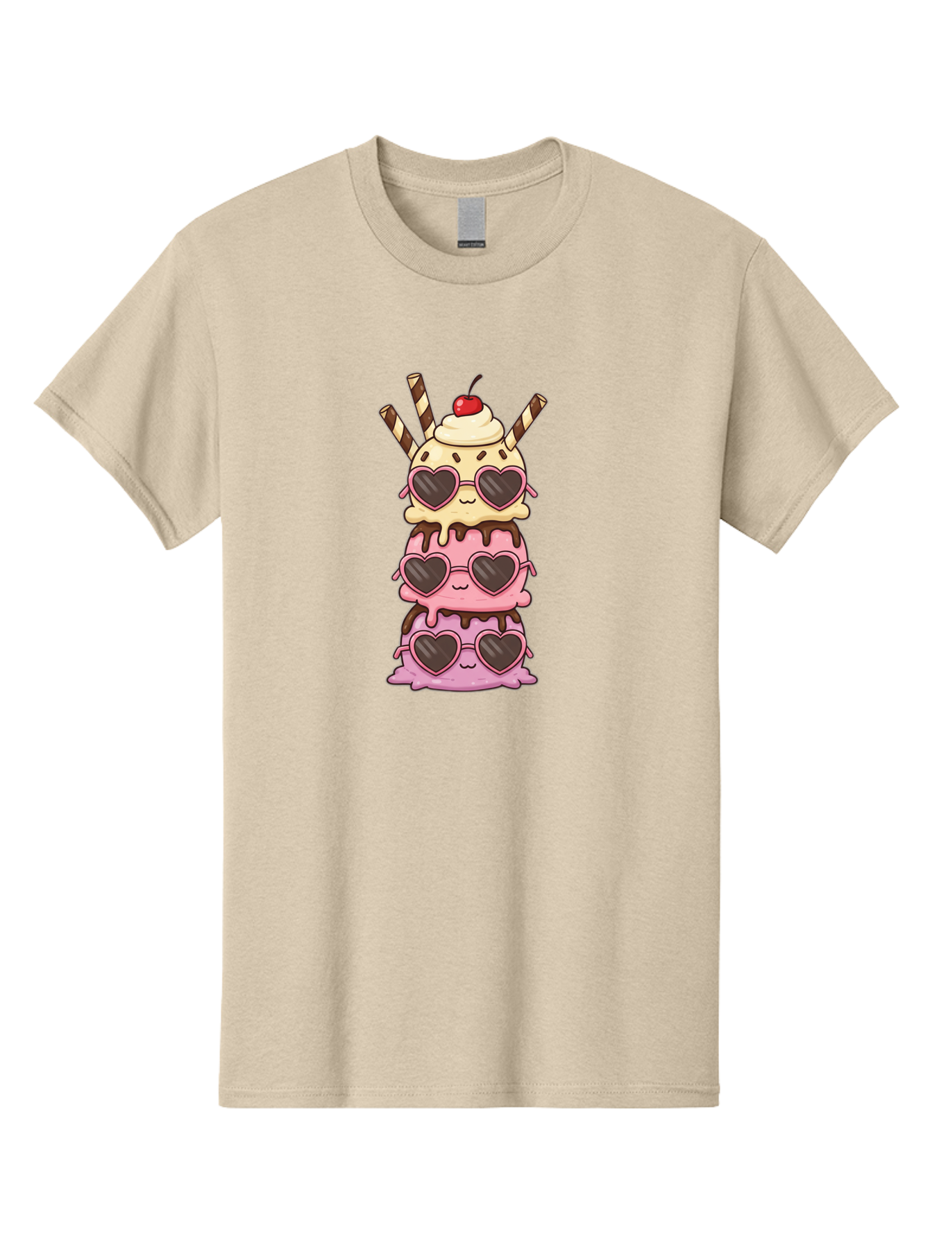 Heart-Sunglasses-Ice-Cream Men'S Graphic Tee, 100% Cotton, Comfortable Casual Summer Wear, Machine Washable, Stacked Ice Cream, Heart Shaped Sunglasses, Strawberry Ice Cream, Chocolate Sauce, Whipped Cream, Cherry On Top, Striped Straws, Baa793