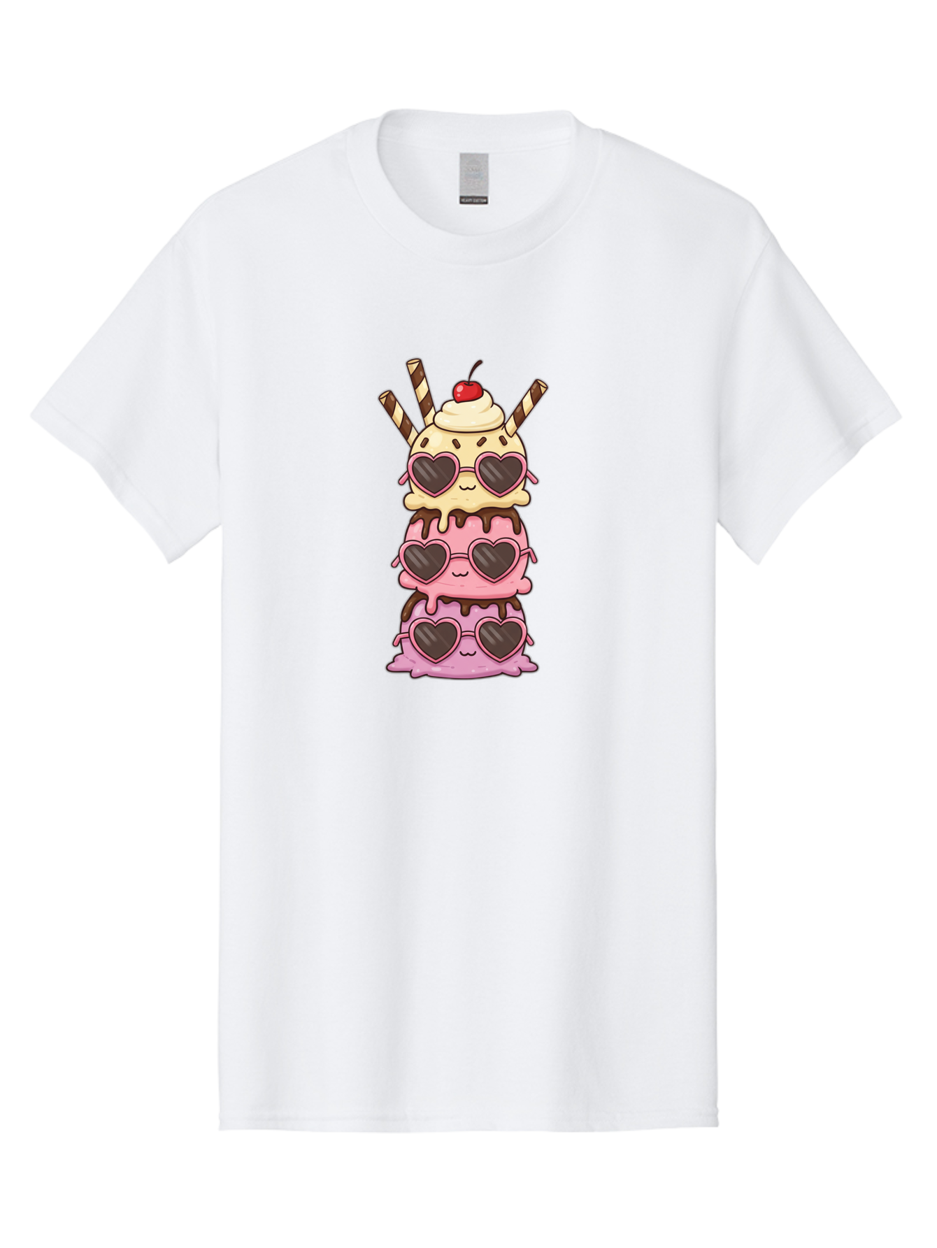 Heart-Sunglasses-Ice-Cream Men'S Graphic Tee, 100% Cotton, Comfortable Casual Summer Wear, Machine Washable, Stacked Ice Cream, Heart Shaped Sunglasses, Strawberry Ice Cream, Chocolate Sauce, Whipped Cream, Cherry On Top, Striped Straws, Baa793