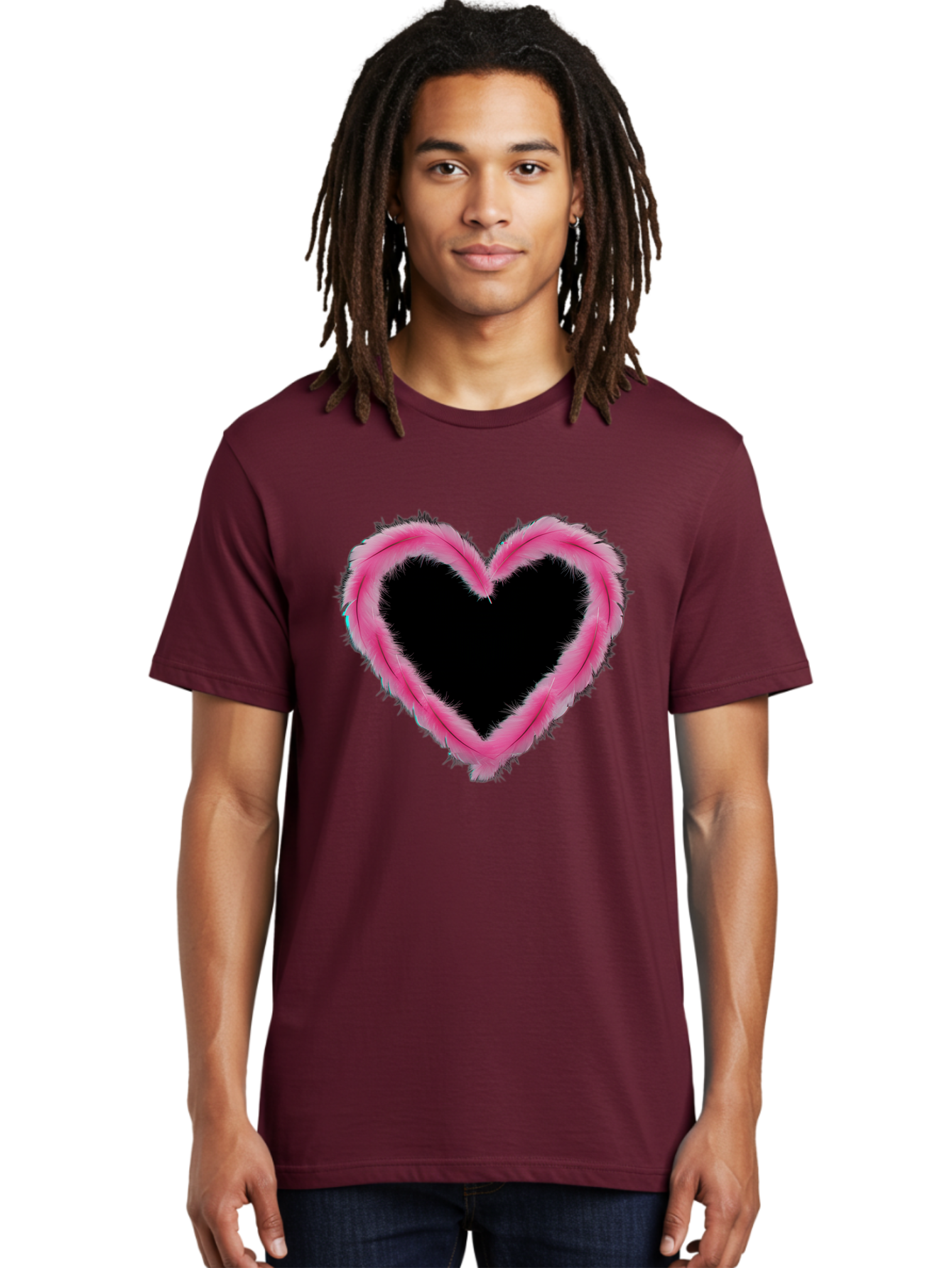 Heart Men'S Graphic Tee, 100% Cotton, Comfortable Casual Summer Wear, Machine Washable, Pink Feather Heart, Fluffy Heart, Romantic Symbol, Fuzzy Love, Heart Shape, Feather Design, Cute Graphics, Valentine'S Icon Baa794