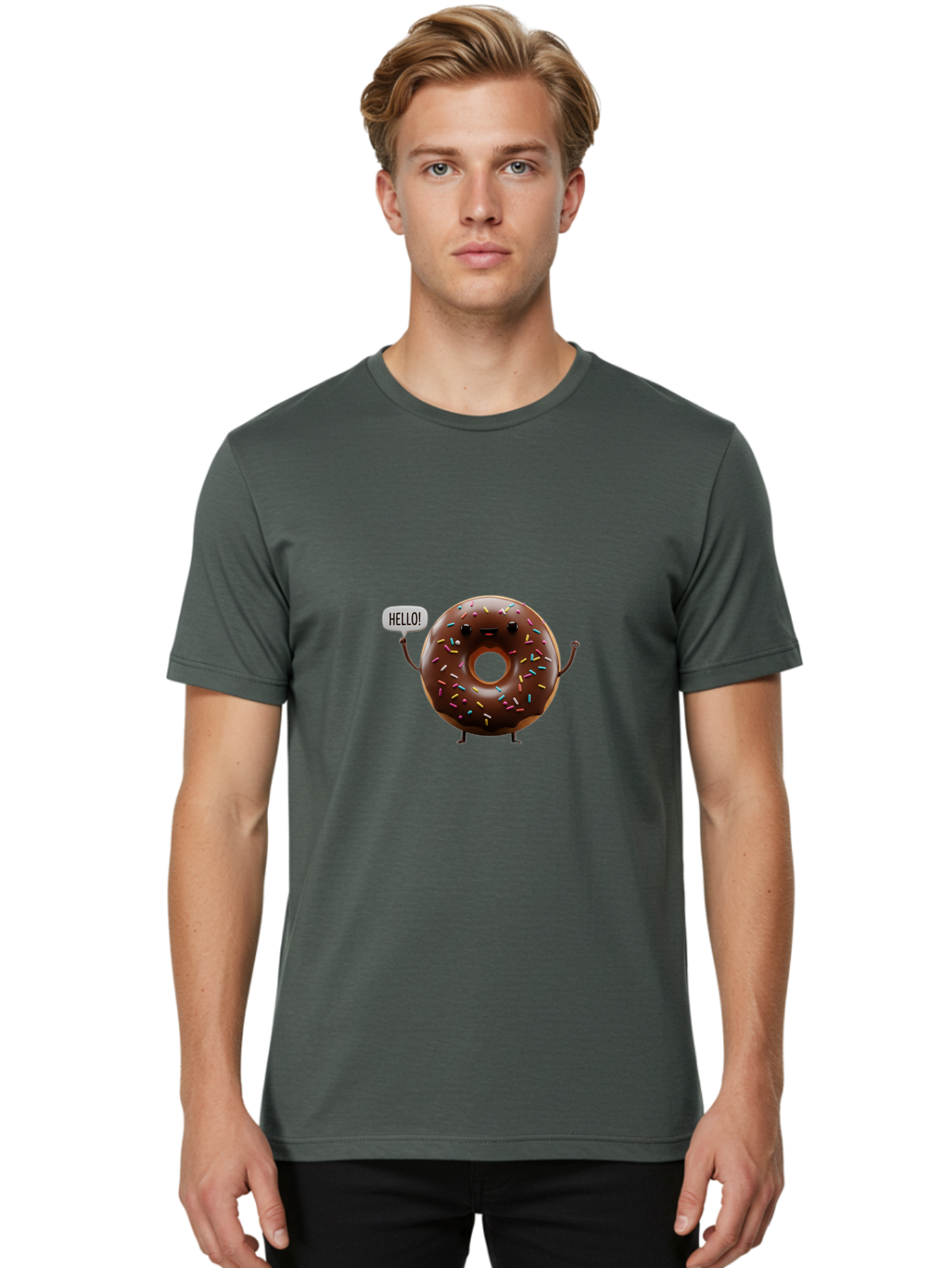 Hello-Donut Men'S Graphic Tee, 100% Cotton, Comfortable Casual Summer Wear, Machine Washable, Chocolate Donut With Sprinkles, Donut Character, Hello Greeting, Sweet Treat, Cartoon Donut, Playful Design, Colorful Sprinkles, Baa795