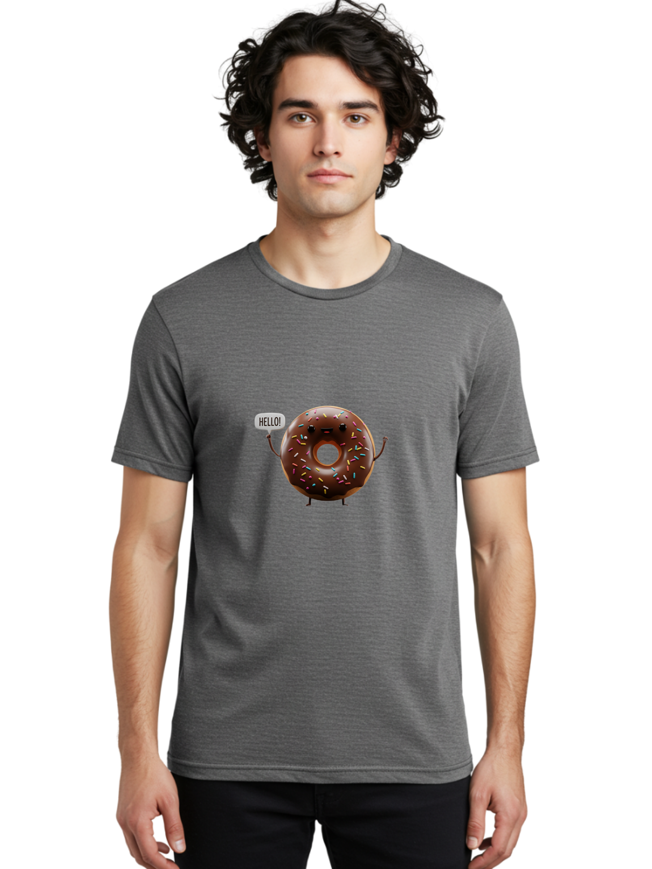 Hello-Donut Men'S Graphic Tee, 100% Cotton, Comfortable Casual Summer Wear, Machine Washable, Chocolate Donut With Sprinkles, Donut Character, Hello Greeting, Sweet Treat, Cartoon Donut, Playful Design, Colorful Sprinkles, Baa795