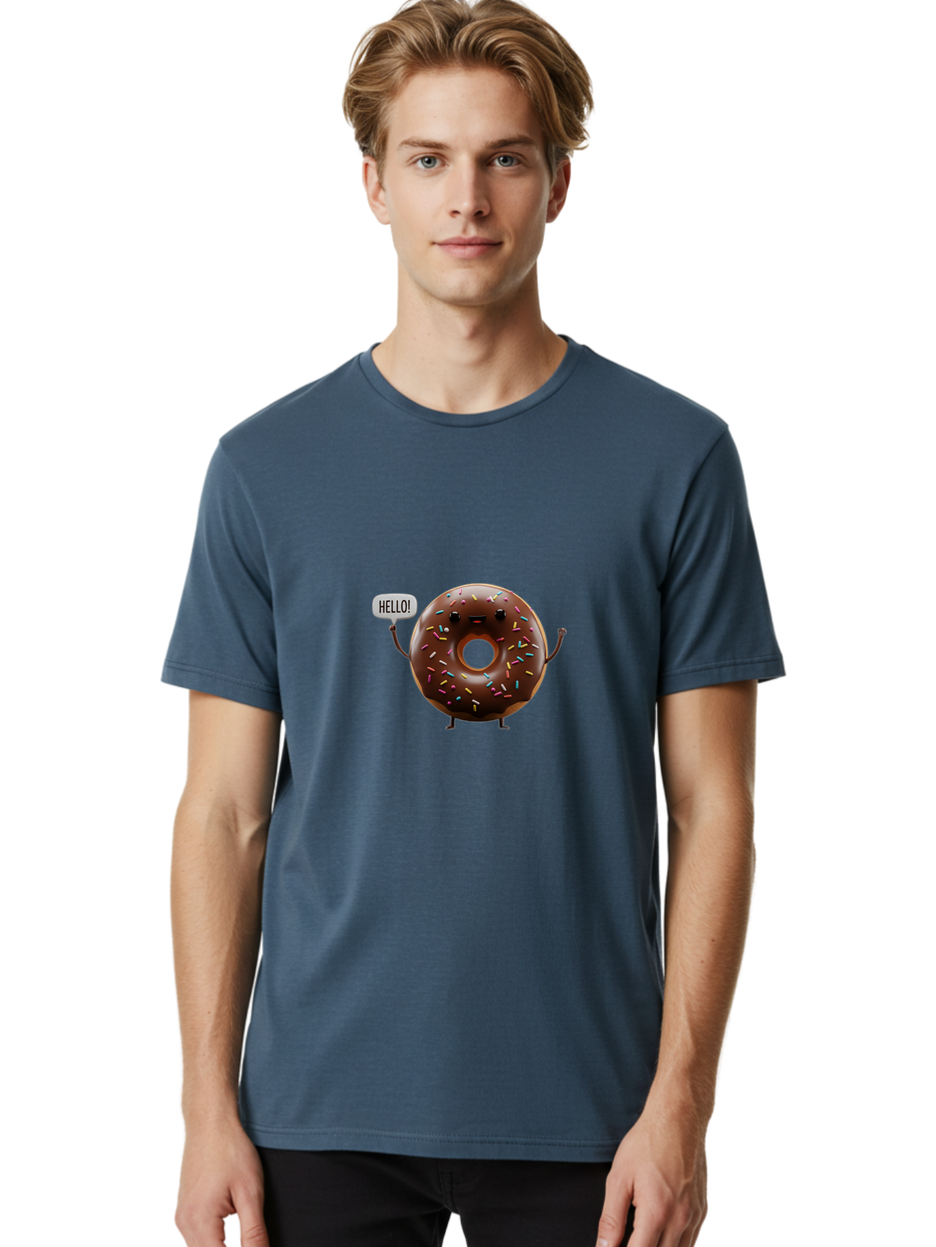 Hello-Donut Men'S Graphic Tee, 100% Cotton, Comfortable Casual Summer Wear, Machine Washable, Chocolate Donut With Sprinkles, Donut Character, Hello Greeting, Sweet Treat, Cartoon Donut, Playful Design, Colorful Sprinkles, Baa795
