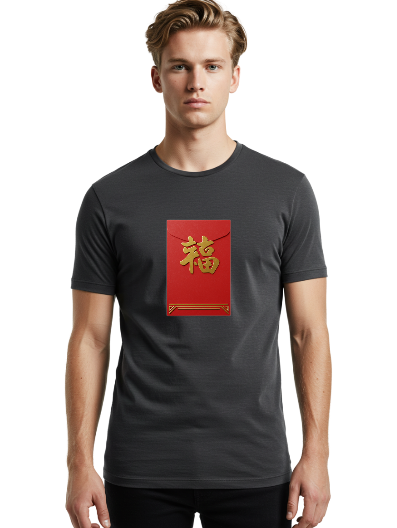 Hong-Fu Men'S Graphic Tee, 100% Cotton, Comfortable Casual Summer Wear, Machine Washable, Red Envelope, Gold Chinese Characters, Prosperity Symbol, Good Fortune, Traditional Gift, Cultural Significance, Lucky Money, Festive Occasion, Hong Fu Baa796